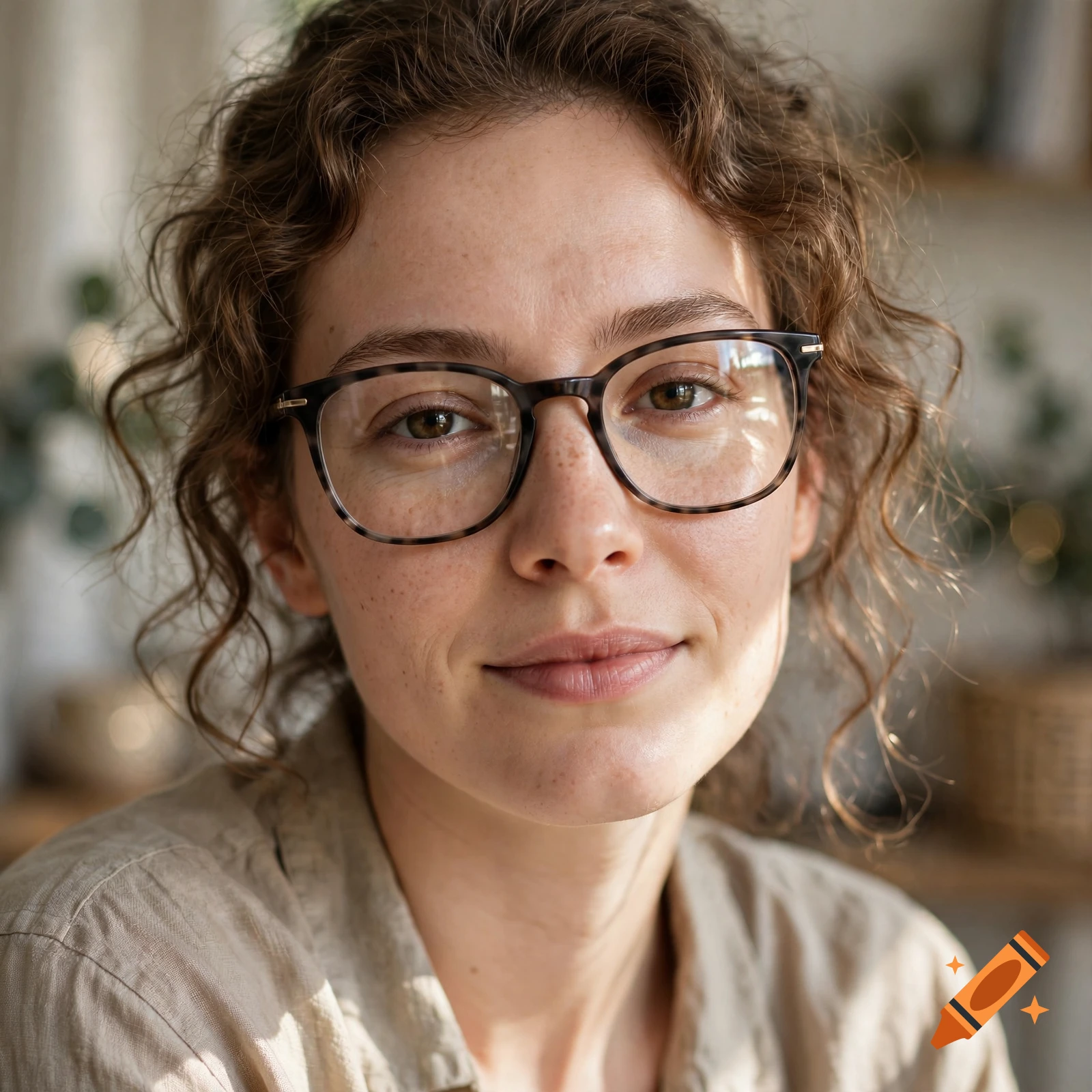 Close-up photorealistic portrait of a young woman with curly hair, freckles, and glasses.