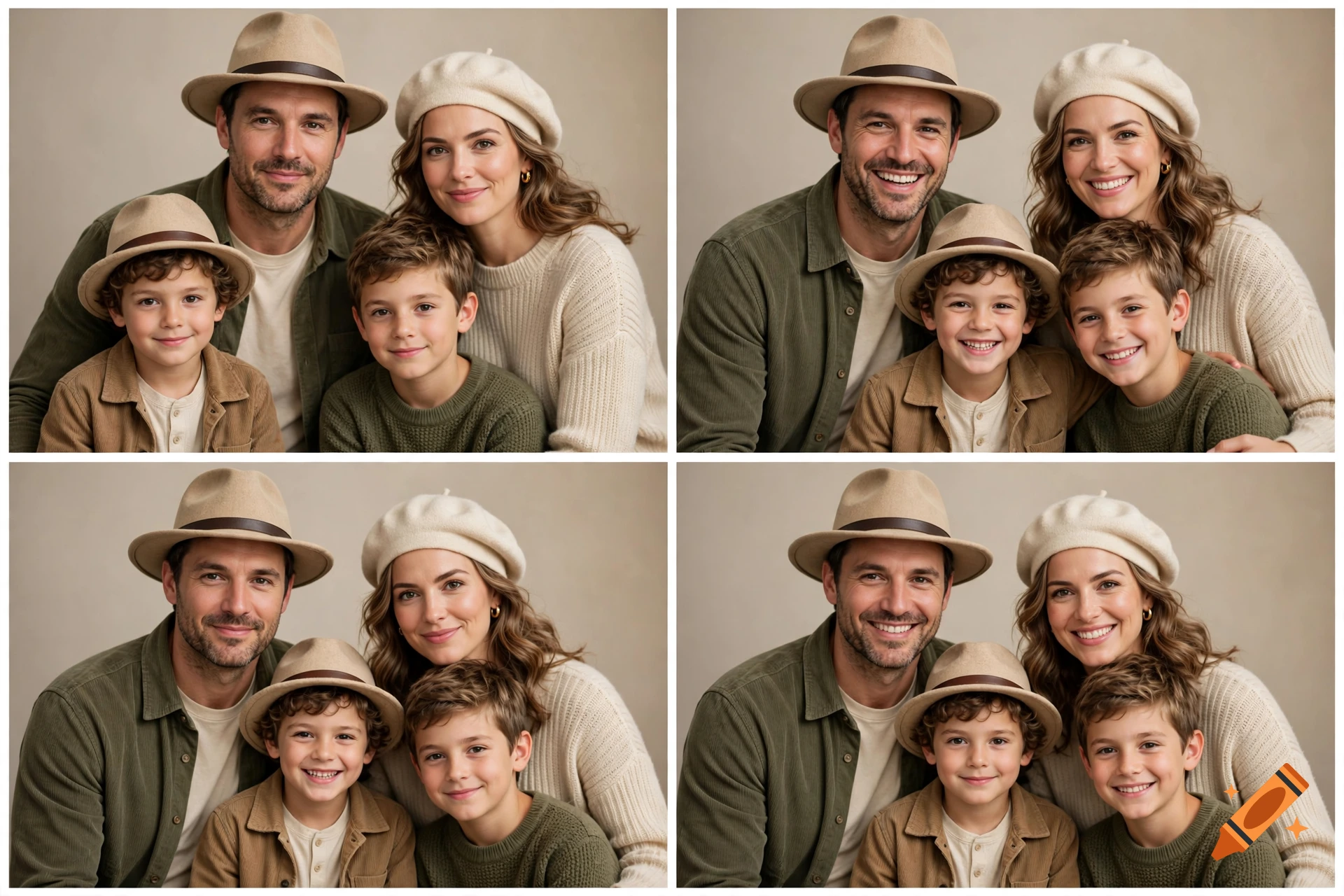 A family of four posing together in a studio setting, with coordinated neutral and earthy tones, wearing hats.