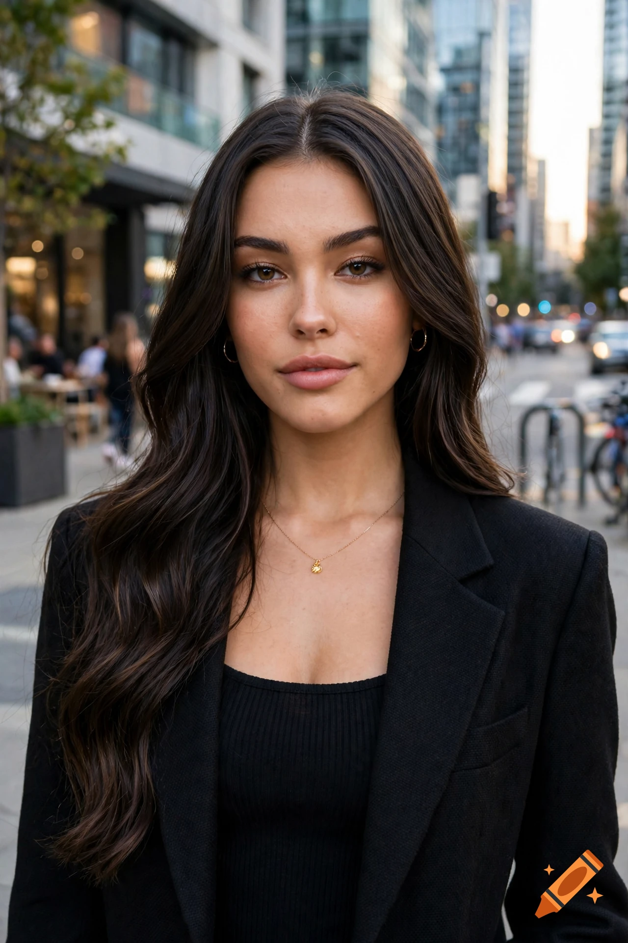 Photorealistic portrait of a young woman with long dark hair and a black blazer standing on a city street.