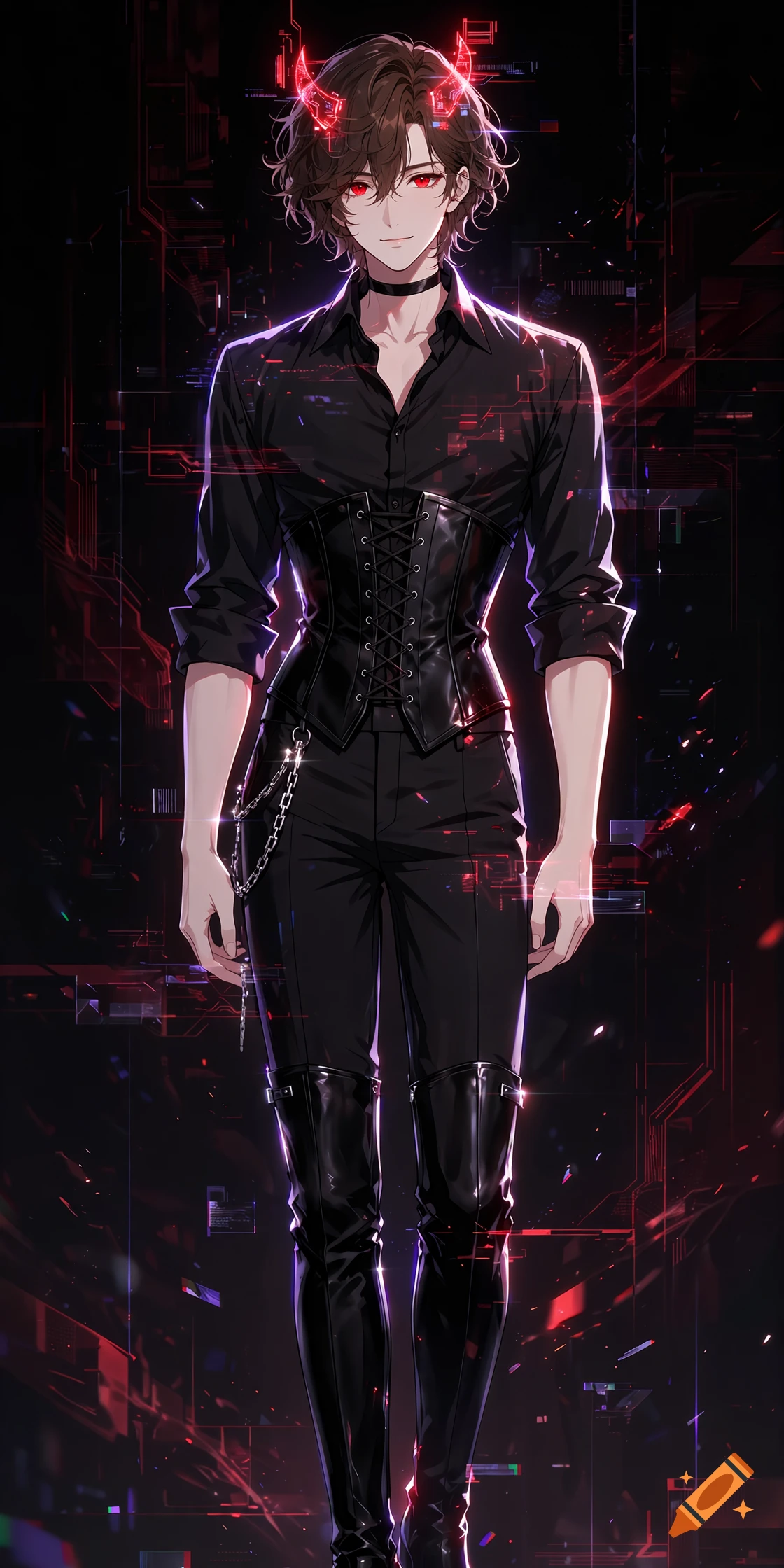 Full-body anime illustration of a slender male character with red holographic horns, black corset, and thigh-high boots against a dark digital background.