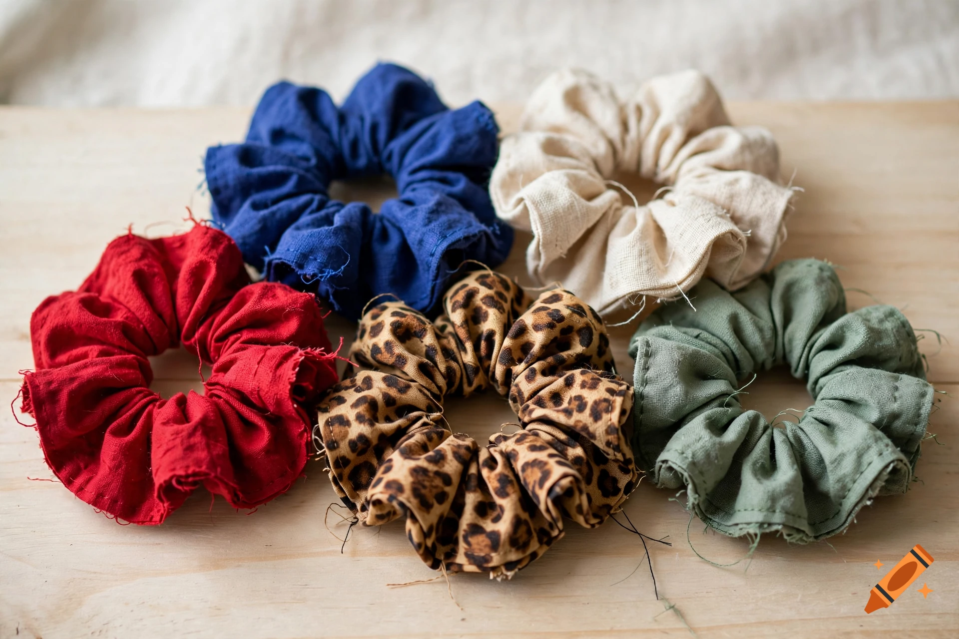 Five handmade scrunchies in red, blue, leopard print, beige, and green arranged on a wooden surface.