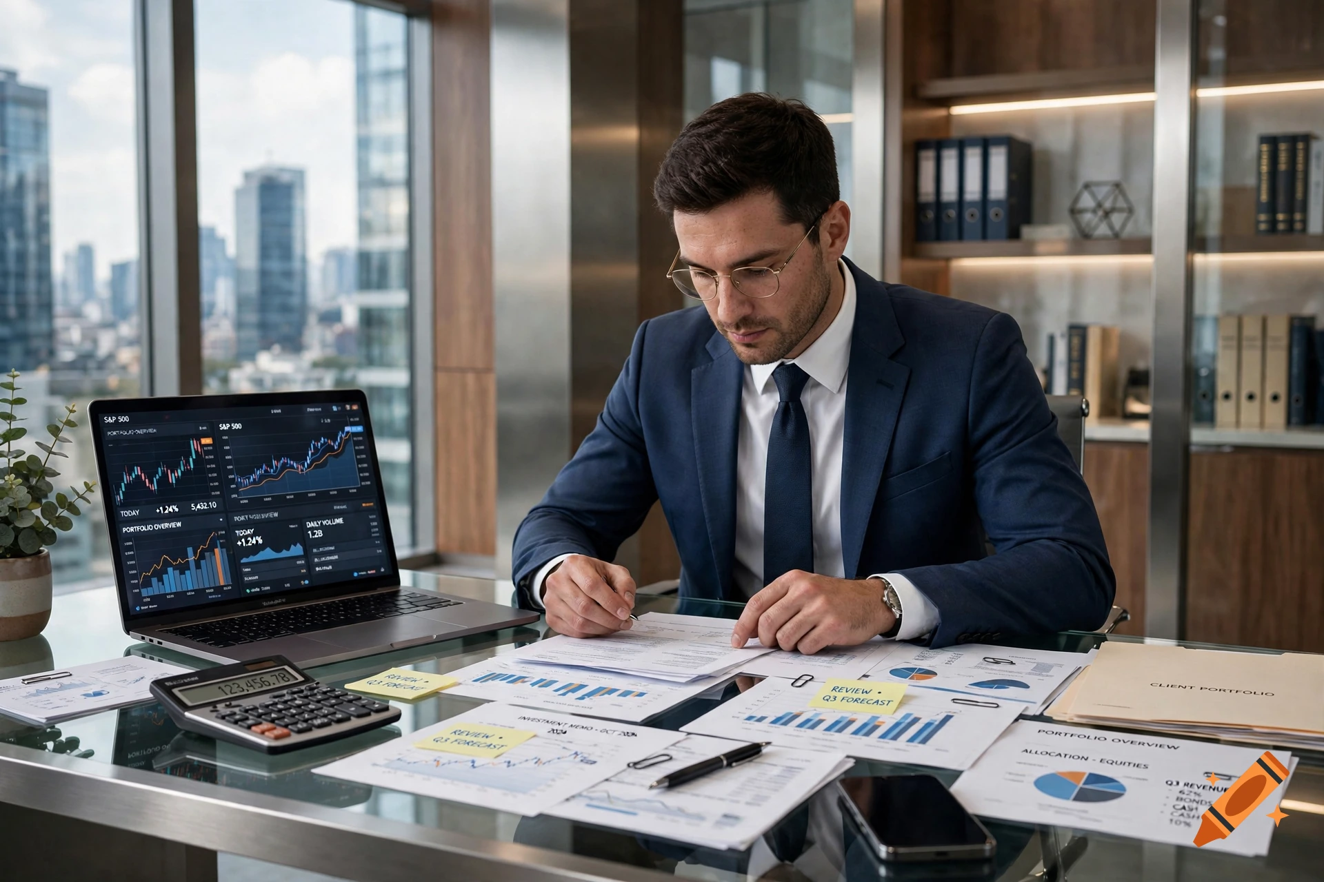 Photorealistic image of a businessman reviewing financial charts and documents at a modern glass desk in an office with a city view.