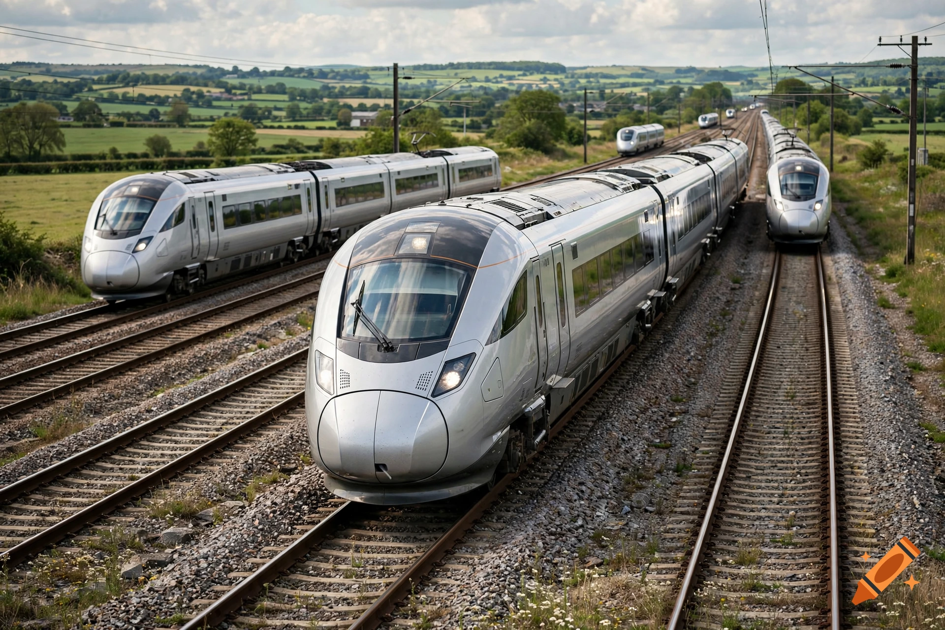 Multiple modern silver trains traveling on parallel railway tracks through a lush countryside landscape under a partly cloudy sky.