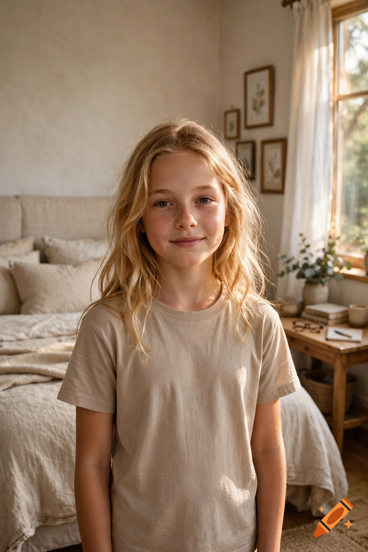Photorealistic portrait of a young blonde girl with freckles standing in a rustic bedroom.