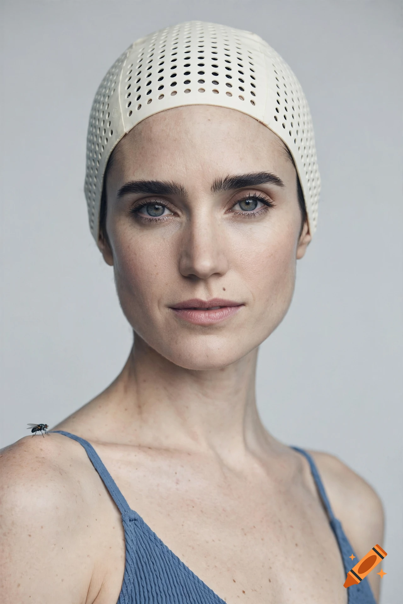Portrait of a woman wearing a white perforated cap and a blue strap top, with a fly resting on her shoulder.