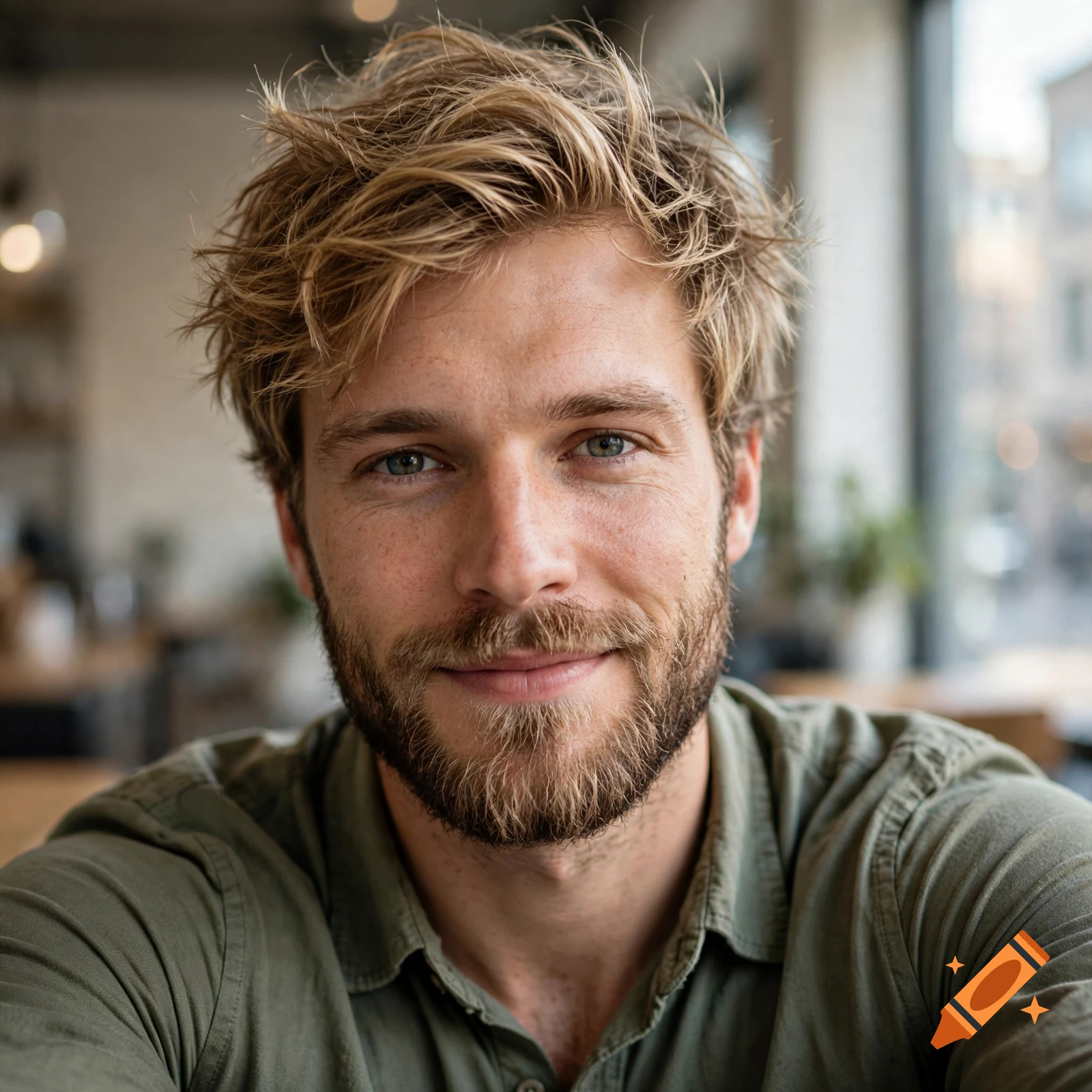 Photorealistic selfie of a 30-year-old man with dirty blonde hair and a full beard in a cafe.
