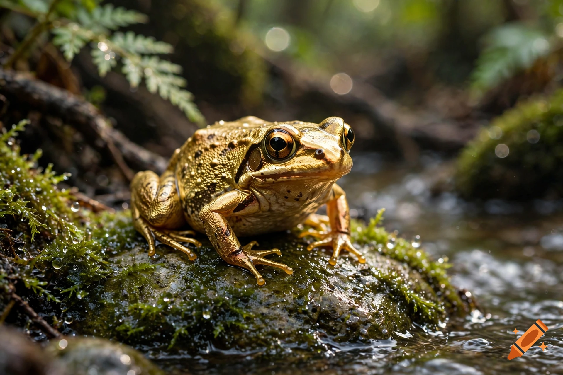 Photorealistic close-up of a shiny golden frog resting on a mossy rock in a stream.