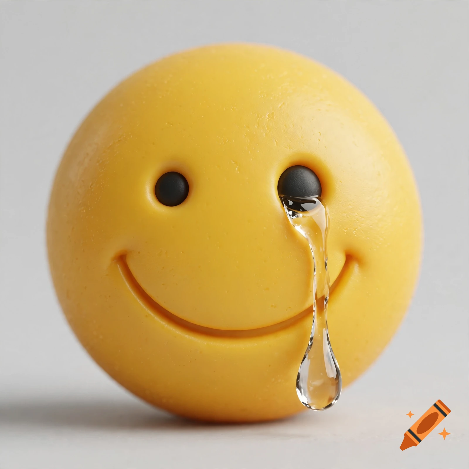 3D render of a yellow smiley face emoji with one crying eye and a single large teardrop on a grey background