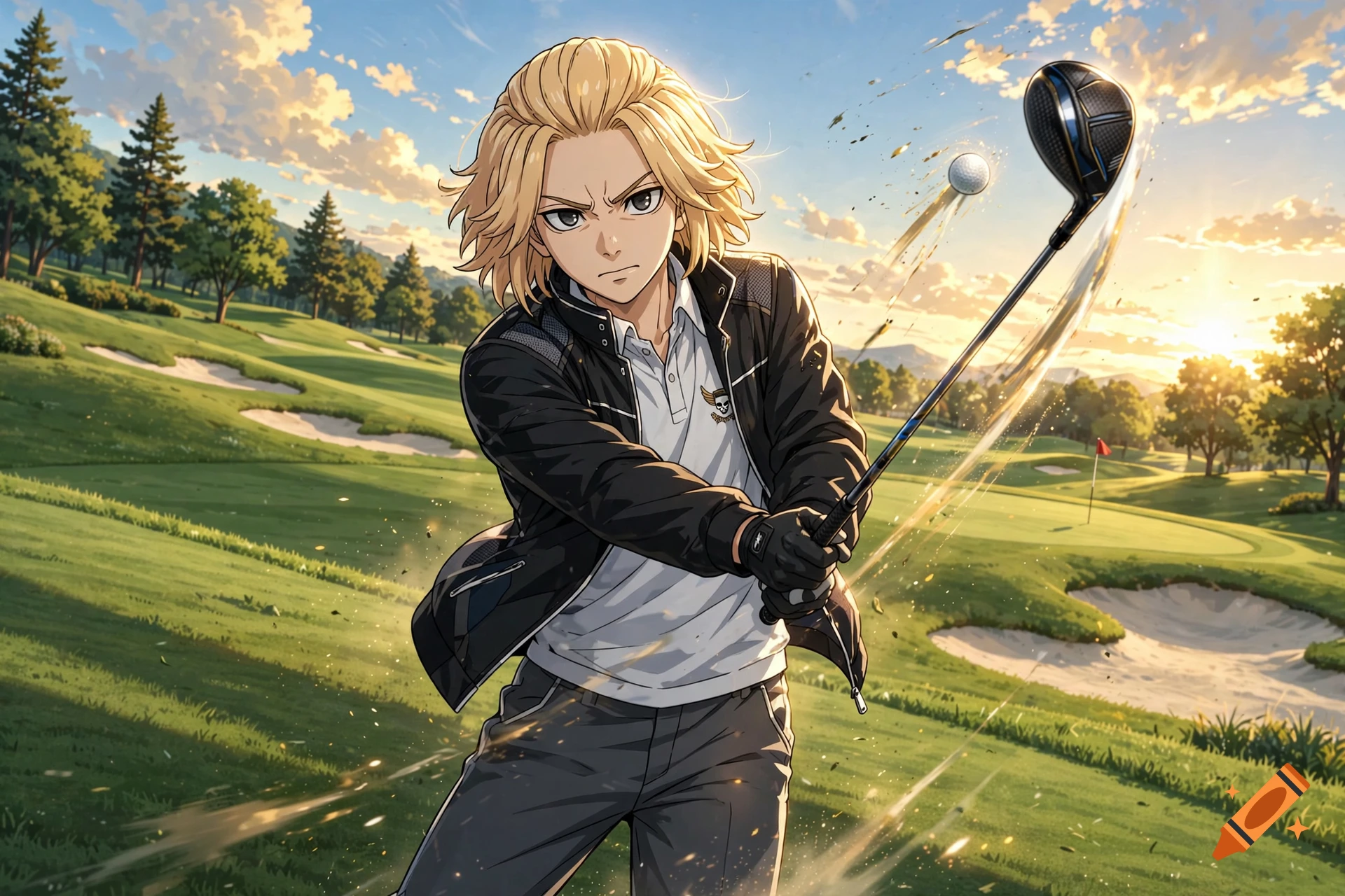 Anime style illustration of a blonde character swinging a golf club on a sunny golf course.