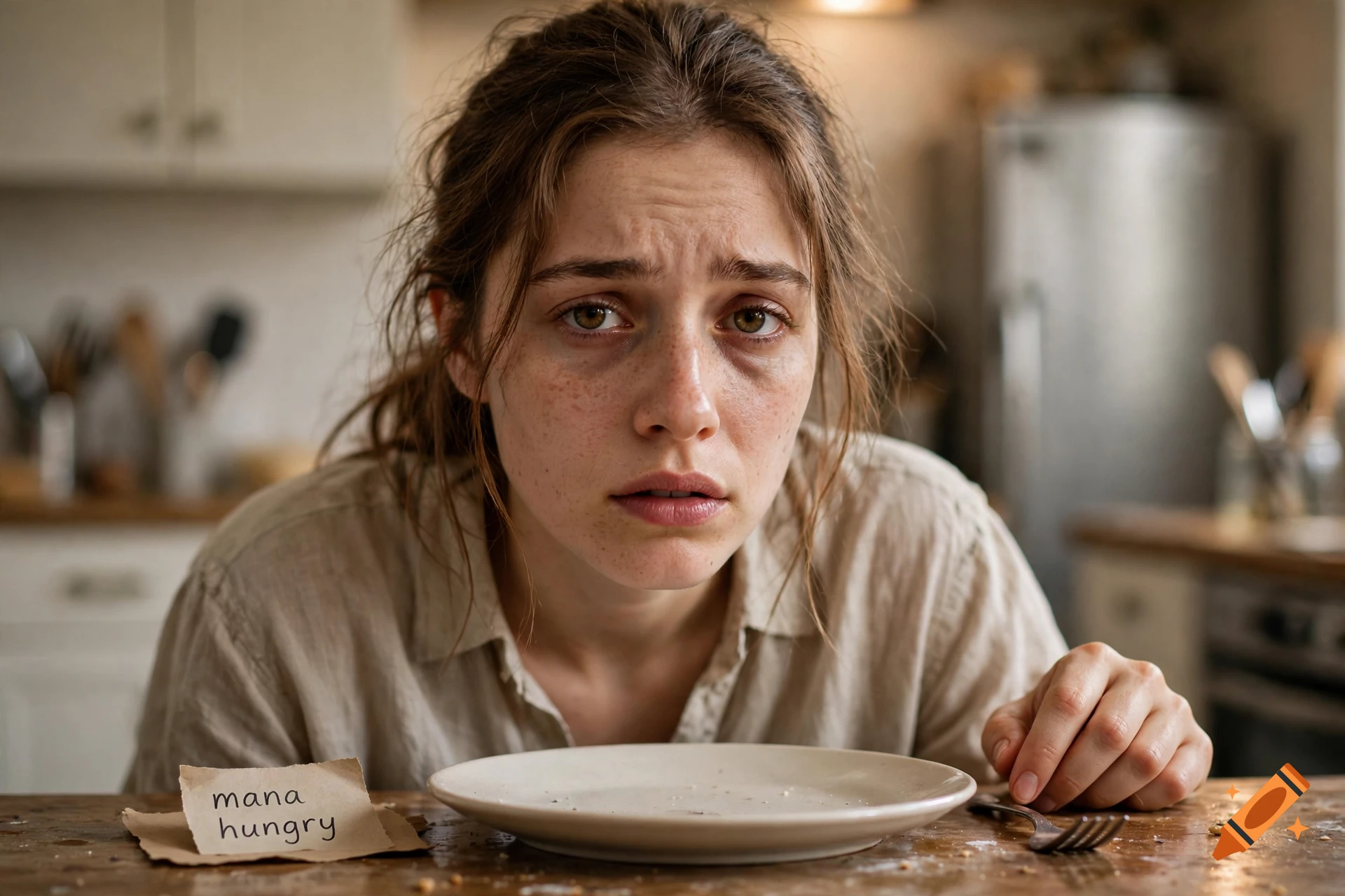 Photorealistic portrait of a tired young woman sitting at a wooden table with an empty plate and a note reading 'mana hungry'.