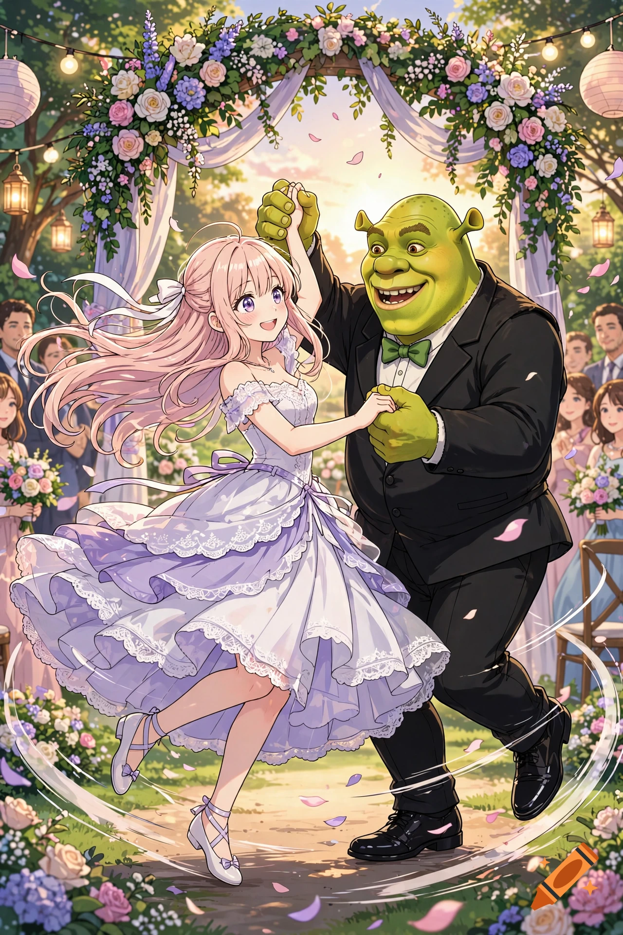 Anime girl with pink hair in a purple dress dancing with Shrek at an outdoor wedding.