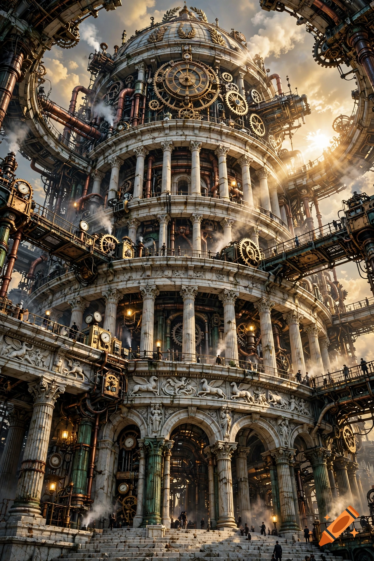 Detailed multi-layered circular Greek architecture combined with steampunk elements, featuring intricate pillars, clocks, and steam pipes.