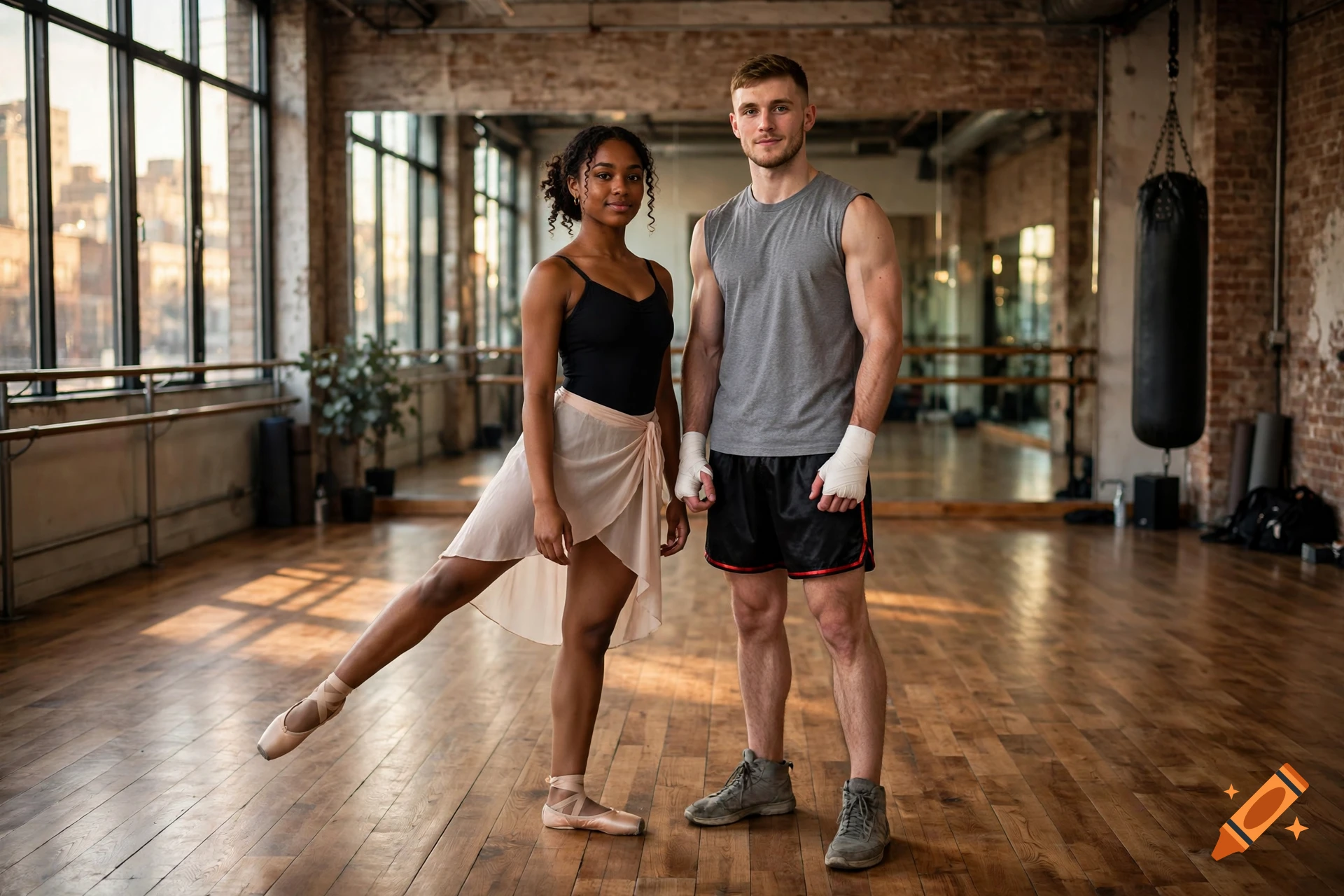 Photorealistic image of a young Black female ballet dancer and a young white male boxer standing together in a spacious industrial dance studio.