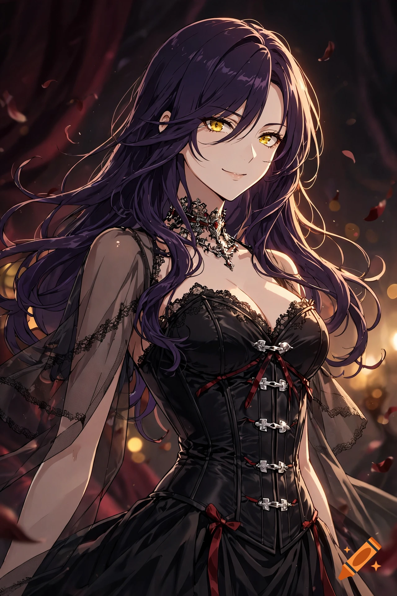 An anime-style portrait of a woman with long dark purple hair, yellow eyes, and a black lace corset dress.