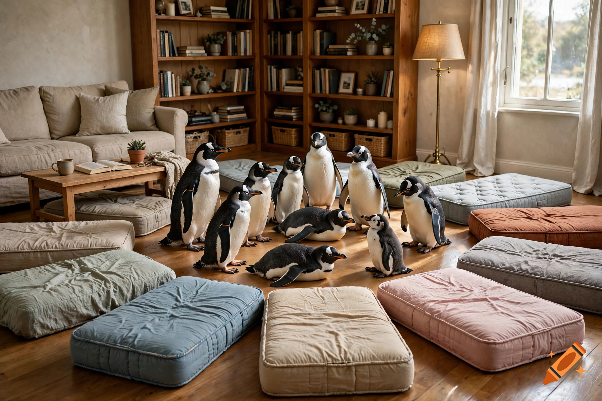 Photorealistic image of ten penguins gathered in a cozy living room with colorful cushions on the wooden floor.