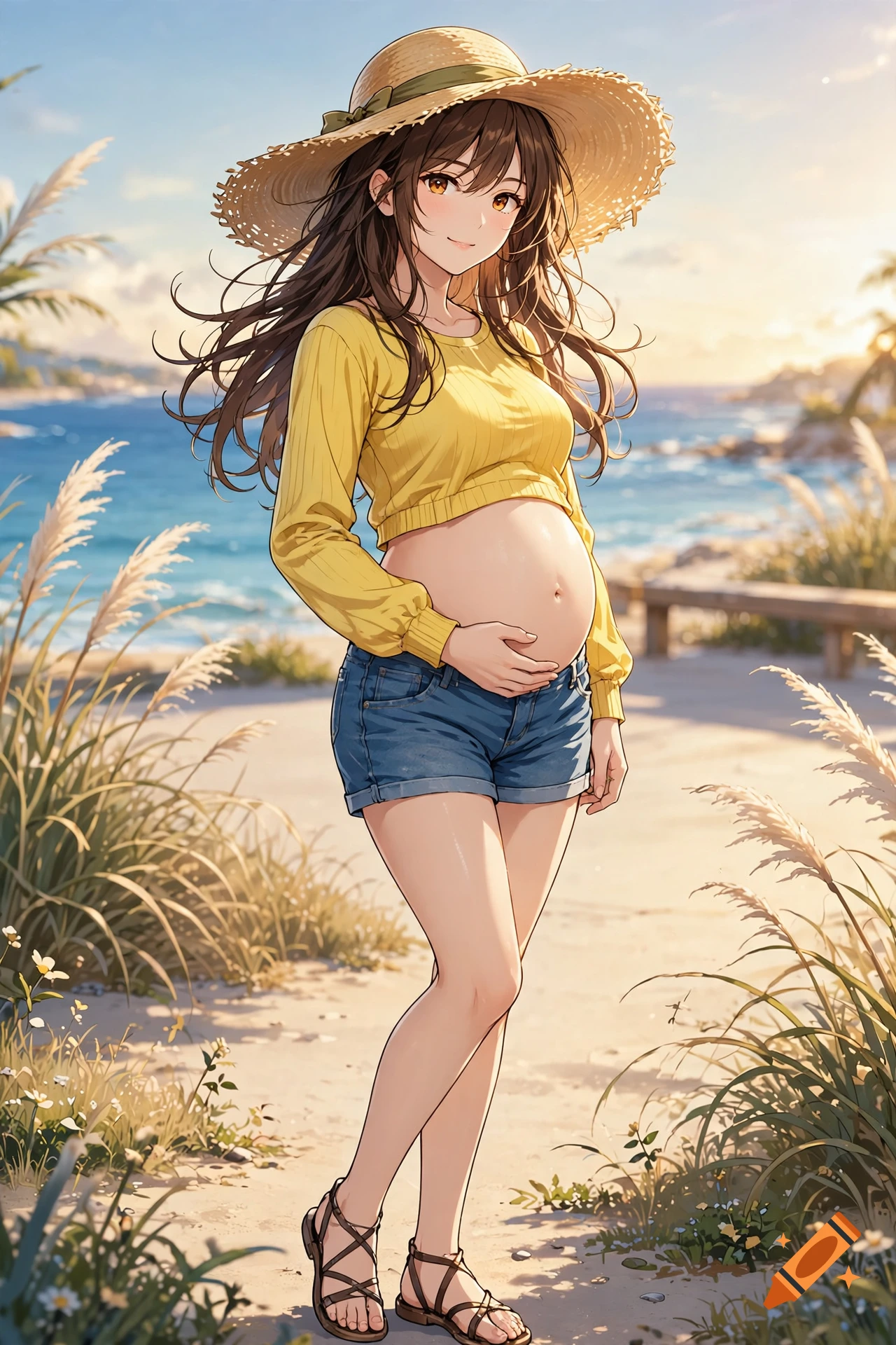 Anime style illustration of a pregnant woman wearing a straw hat, yellow crop top, and denim shorts on a sunny beach.