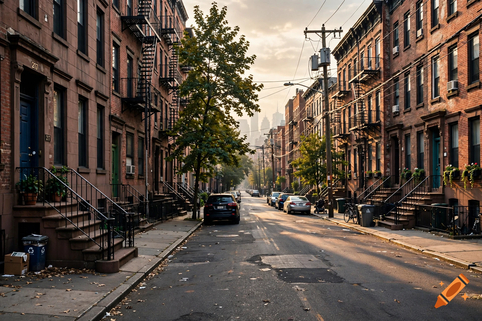 A narrow city street lined with traditional brick brownstone apartment buildings, parked cars, and trees under a hazy sky.