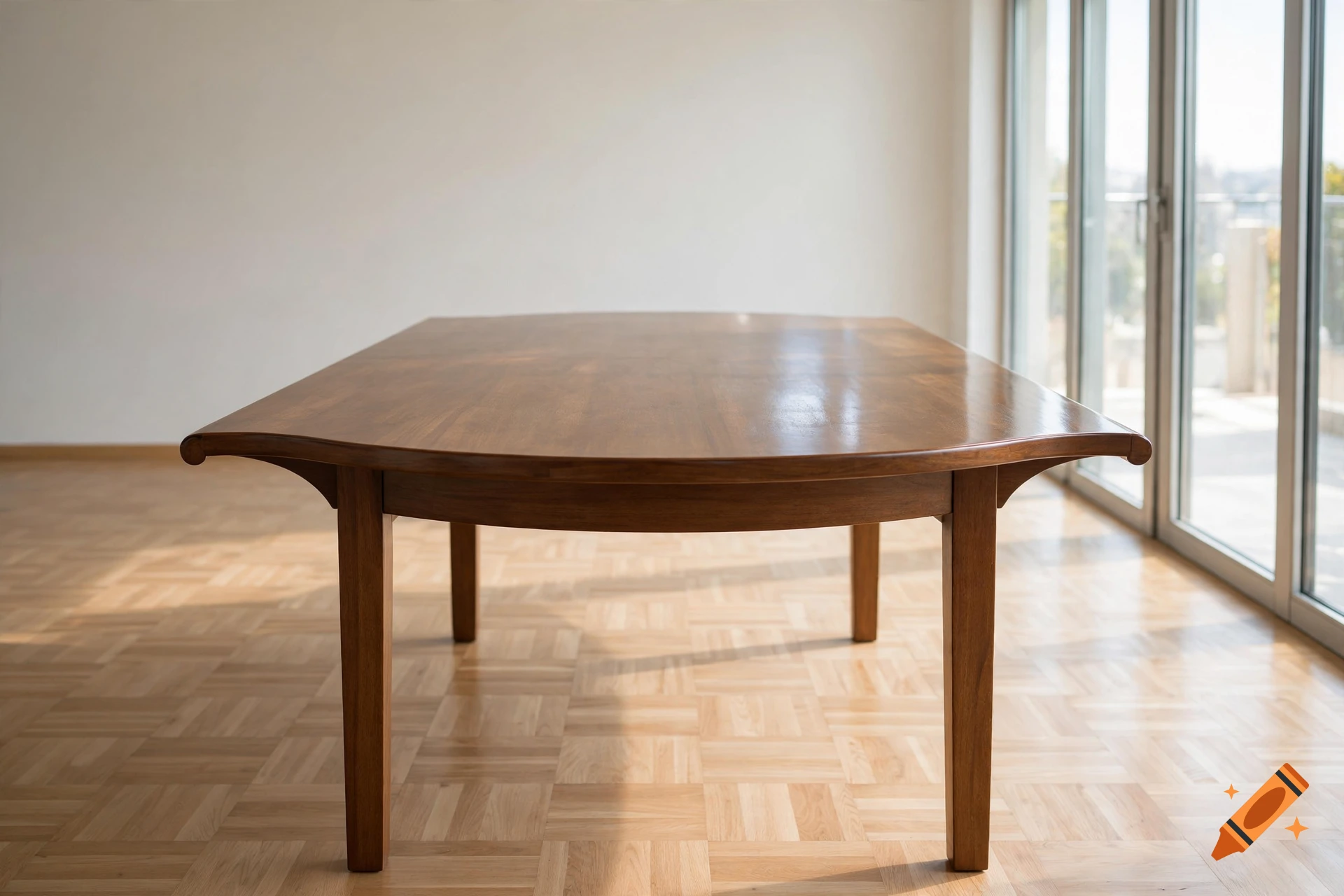 Photorealistic image of a boat-shaped wooden dining table in a minimalist empty room with parquet flooring and balcony doors.