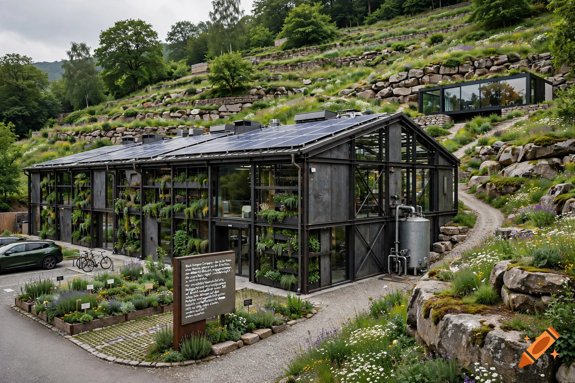 Photorealistic image of a modern industrial eco-hall with solar panels and vertical gardens set in a terraced hillside landscape.