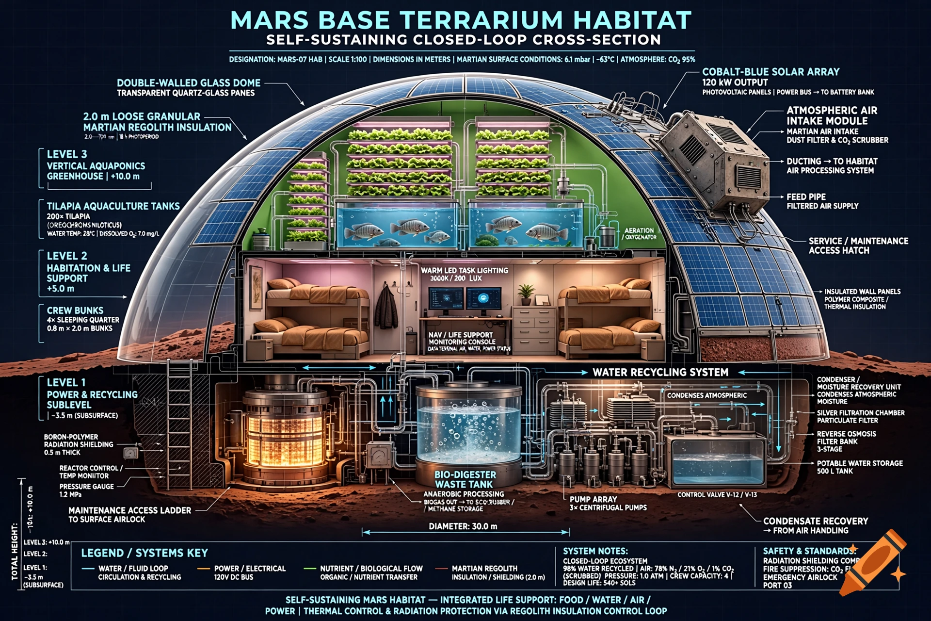 Detailed cross-section diagram of a self-sustaining Mars base terrarium habitat with labeled levels, in science fiction style.