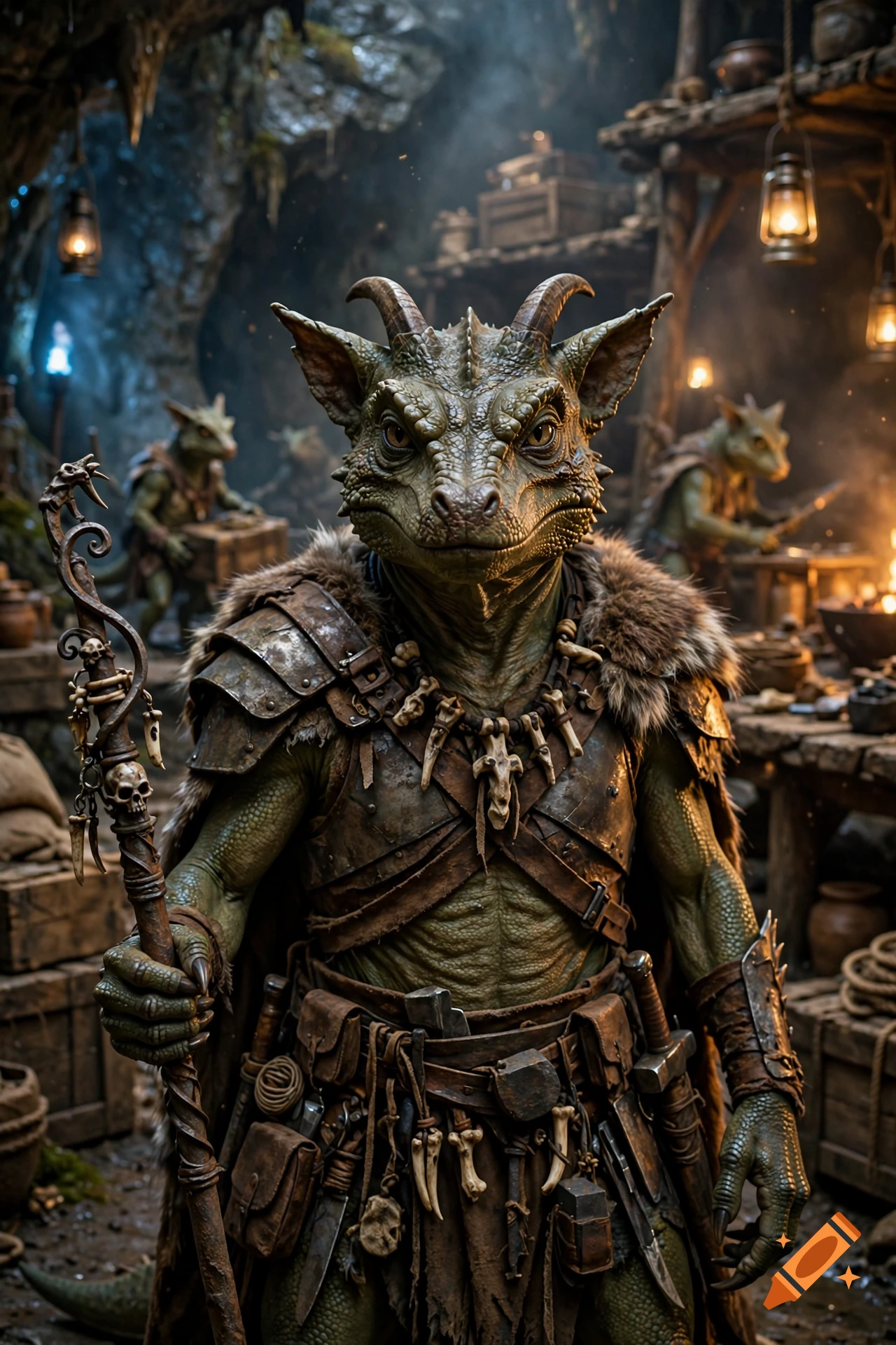 Detailed photorealistic portrait of a scaly kobold chief with horns, wearing leather armor and holding a bone staff inside a cave.