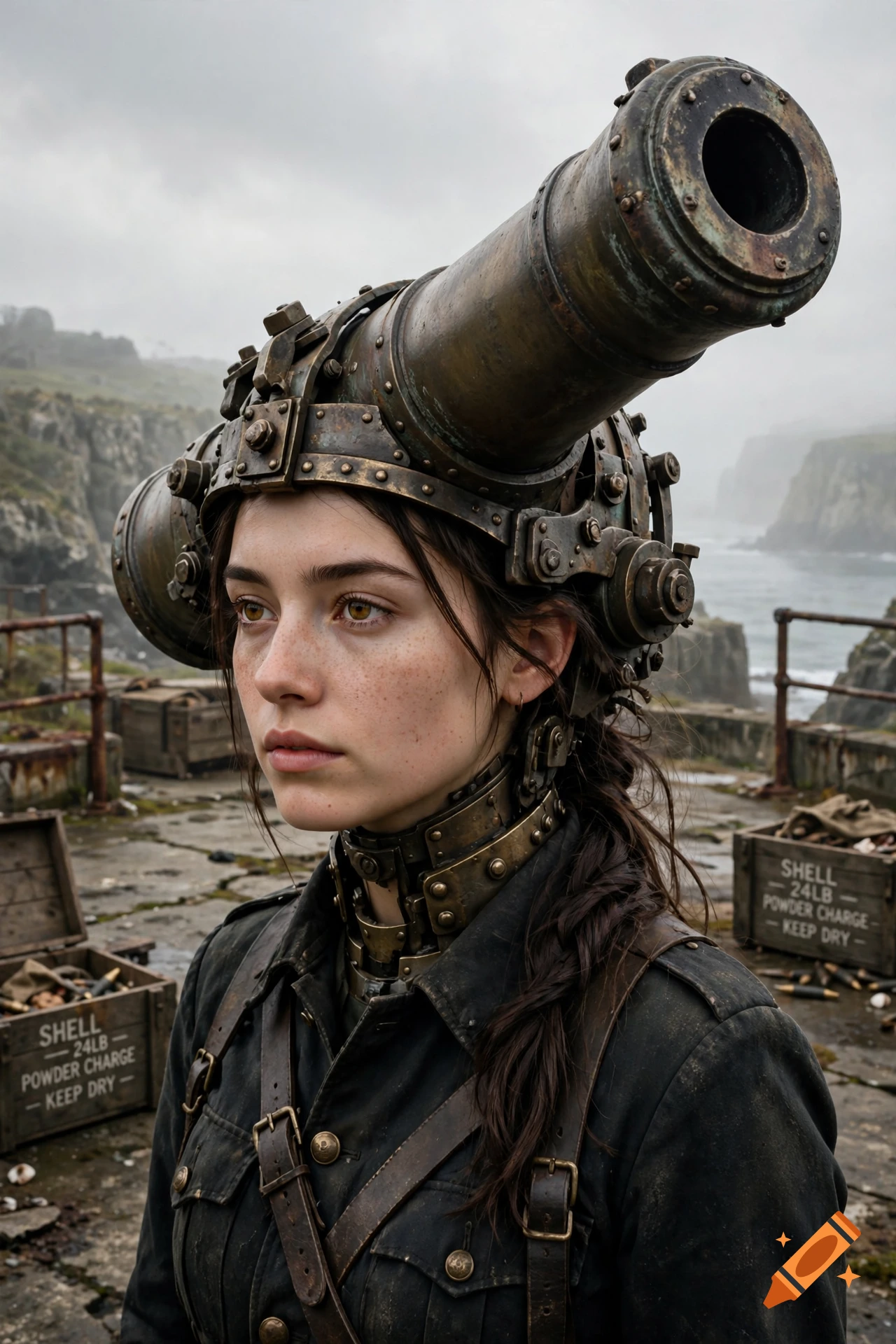 Photorealistic portrait of a young woman wearing a heavy steampunk helmet with a built-in cannon, standing on a rocky coastal platform.