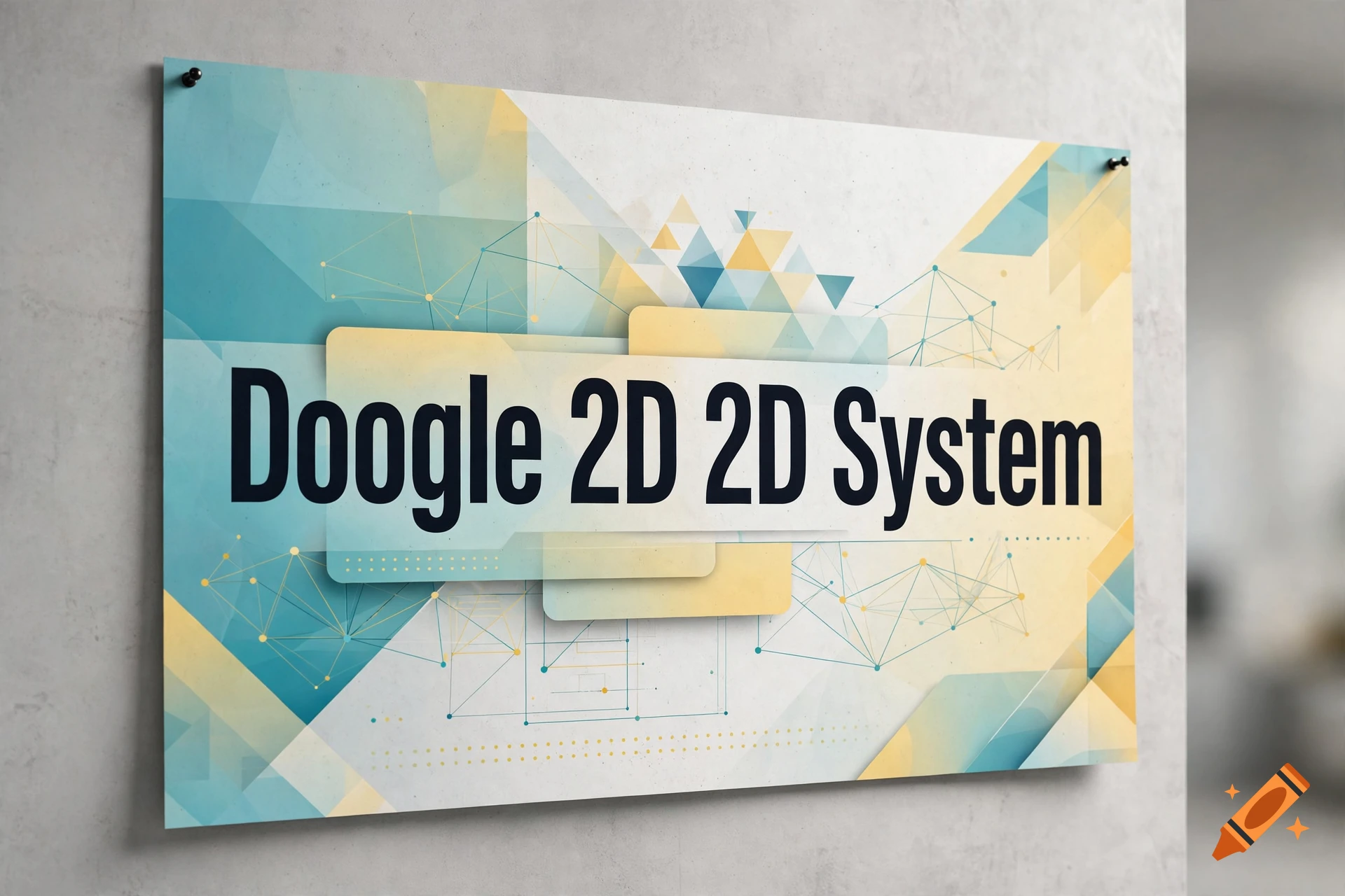 A poster on a concrete wall featuring abstract geometric shapes and the text 'Doogle 2D 2D System'.