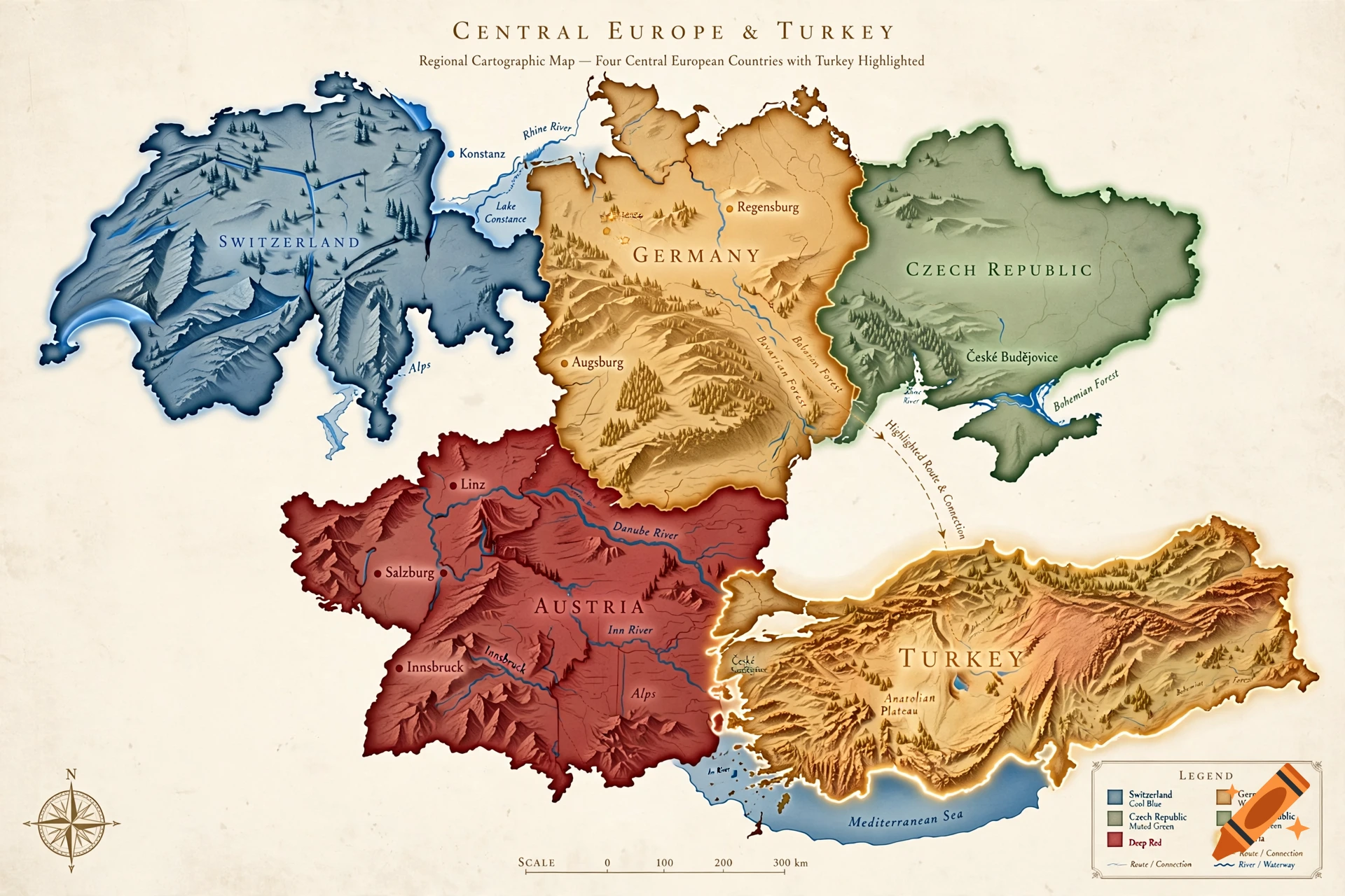Detailed fantasy-style cartographic map showing Central Europe and Turkey divided into colored regions with topographical features and place names.