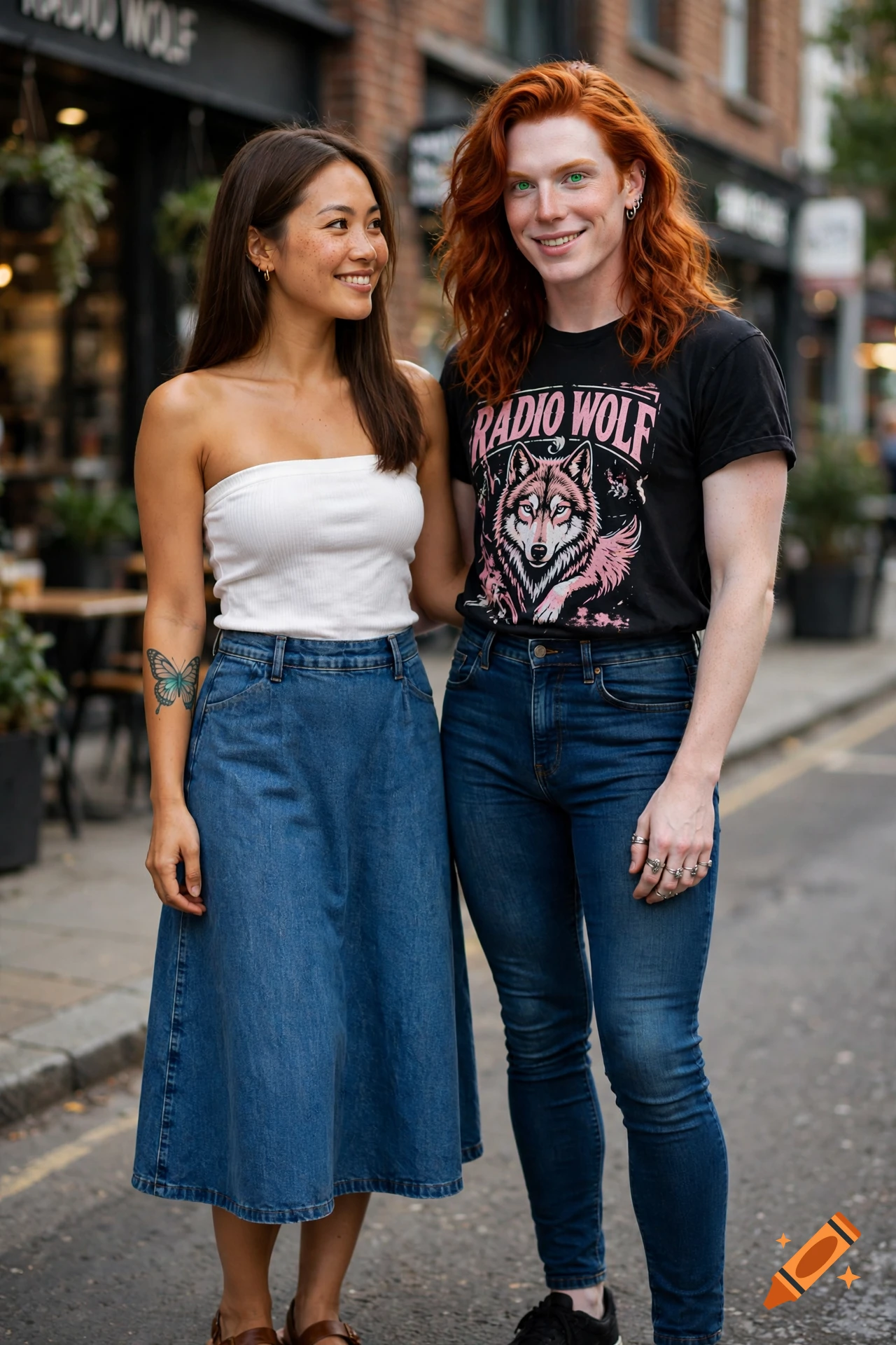 Photorealistic image of two young women standing together on an urban street, smiling and posing.
