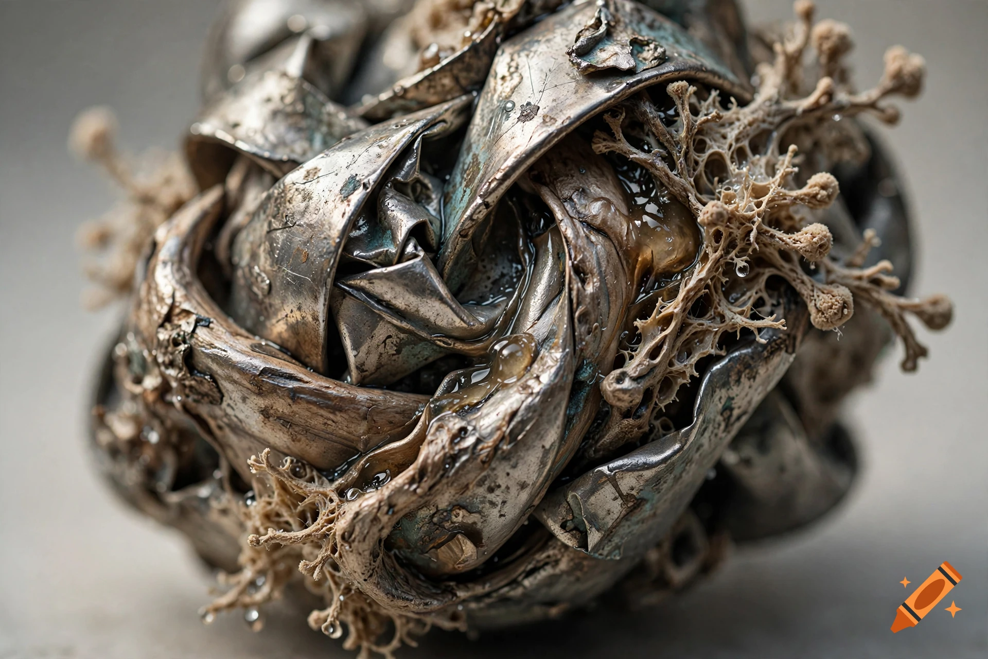 Close-up photorealistic shot of an abstract metallic sculpture intertwined with organic dried lichen and water droplets.