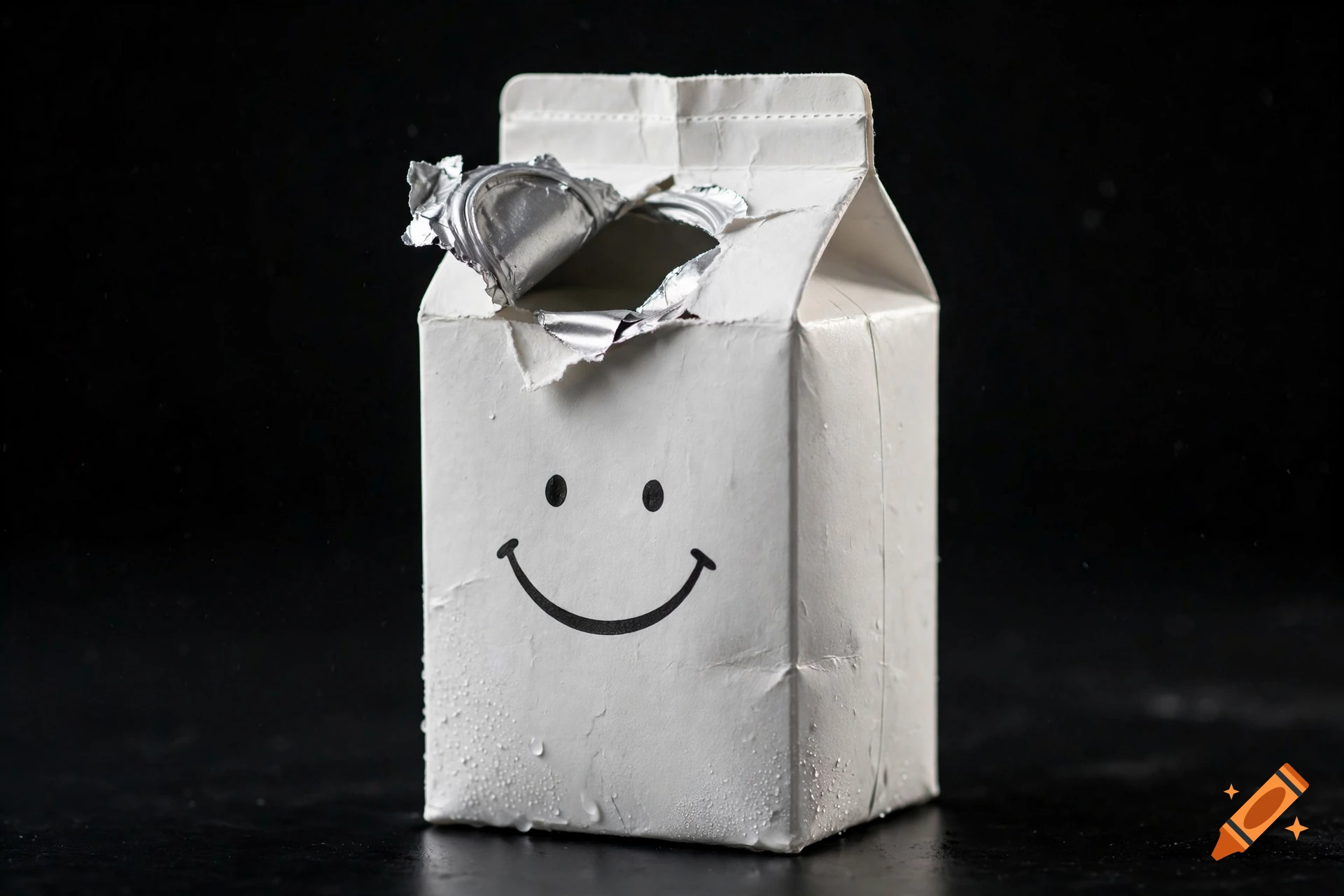 An opened white milk carton with a smiley face printed on the front, set against a black background.