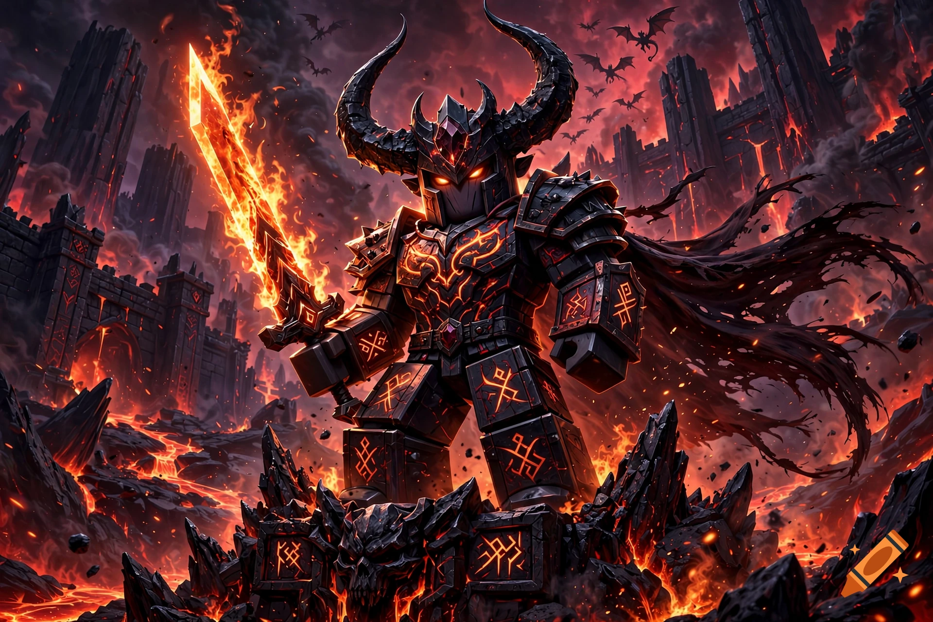 Digital illustration of a demonic warrior in Roblox style holding a flaming sword amid a ruined volcanic landscape.