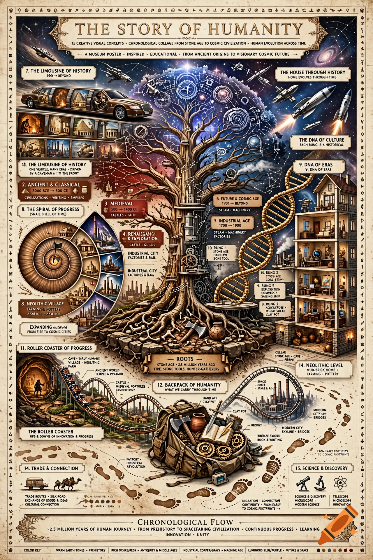 Educational poster illustrating human history and evolution through various conceptual timelines like a tree, DNA, and house.