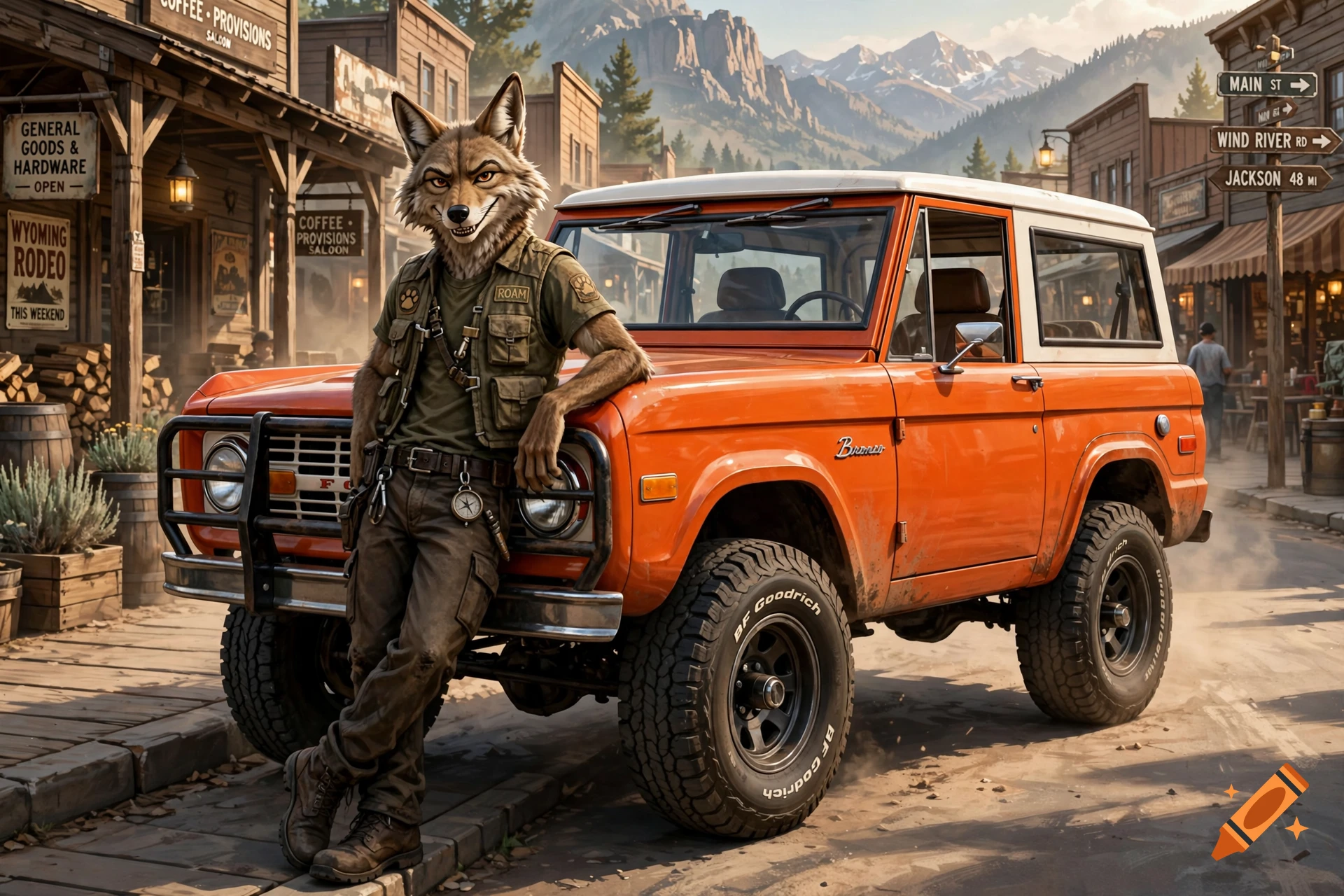 An anthropomorphic coyote wearing a vest leans against an orange 1975 Ford Bronco on a street in a western-style village.
