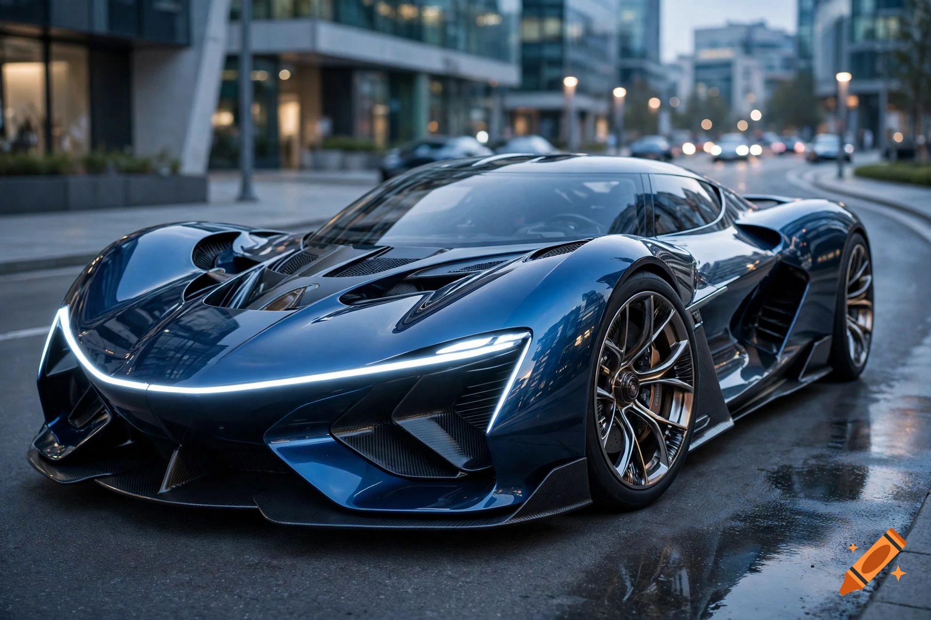 A photorealistic blue futuristic supercar parked on a wet city street at dusk.