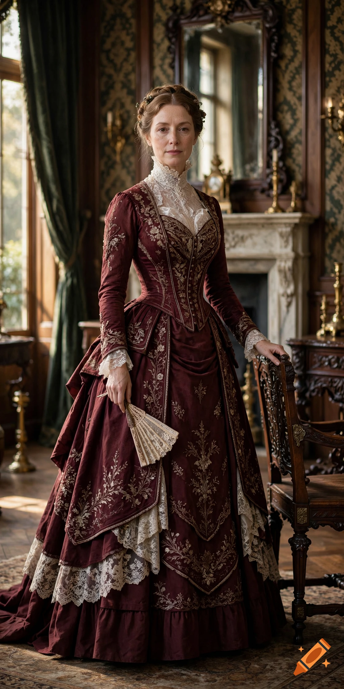 Photorealistic portrait of an elegant Victorian woman in a dark red gown holding a fan inside a luxurious parlor.