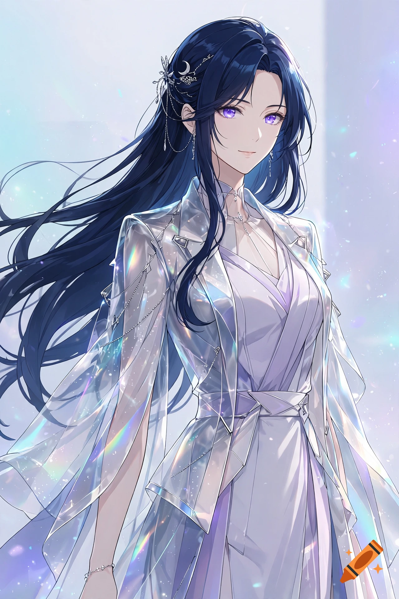 Anime style illustration of a woman with long dark blue hair wearing a translucent iridescent coat and a white dress.