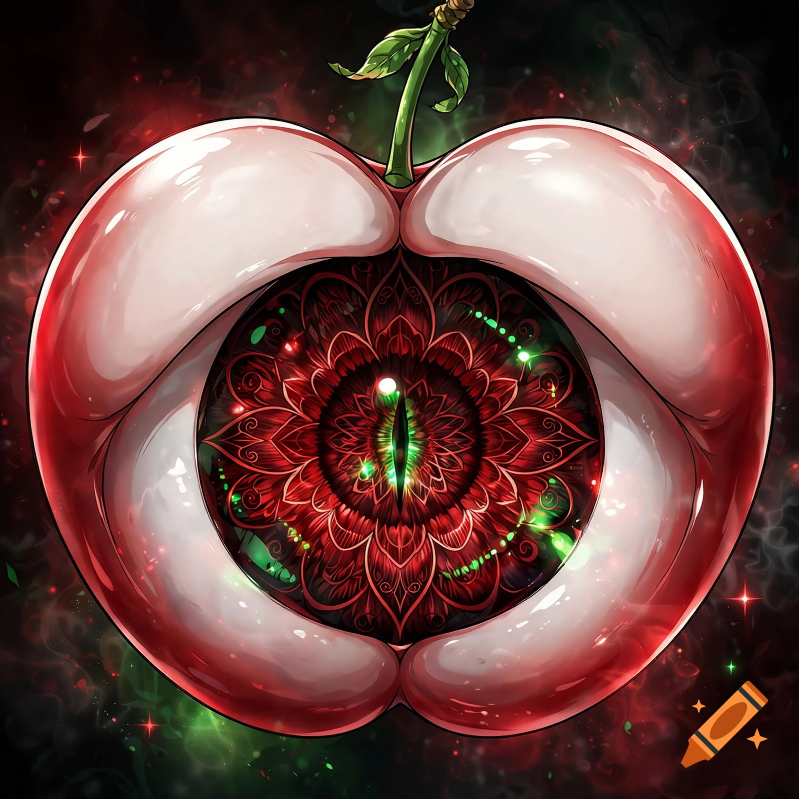 An artistic fantasy illustration of a red and white sliced fruit with a glowing, intricate mandala pattern and a central cat-like eye inside.
