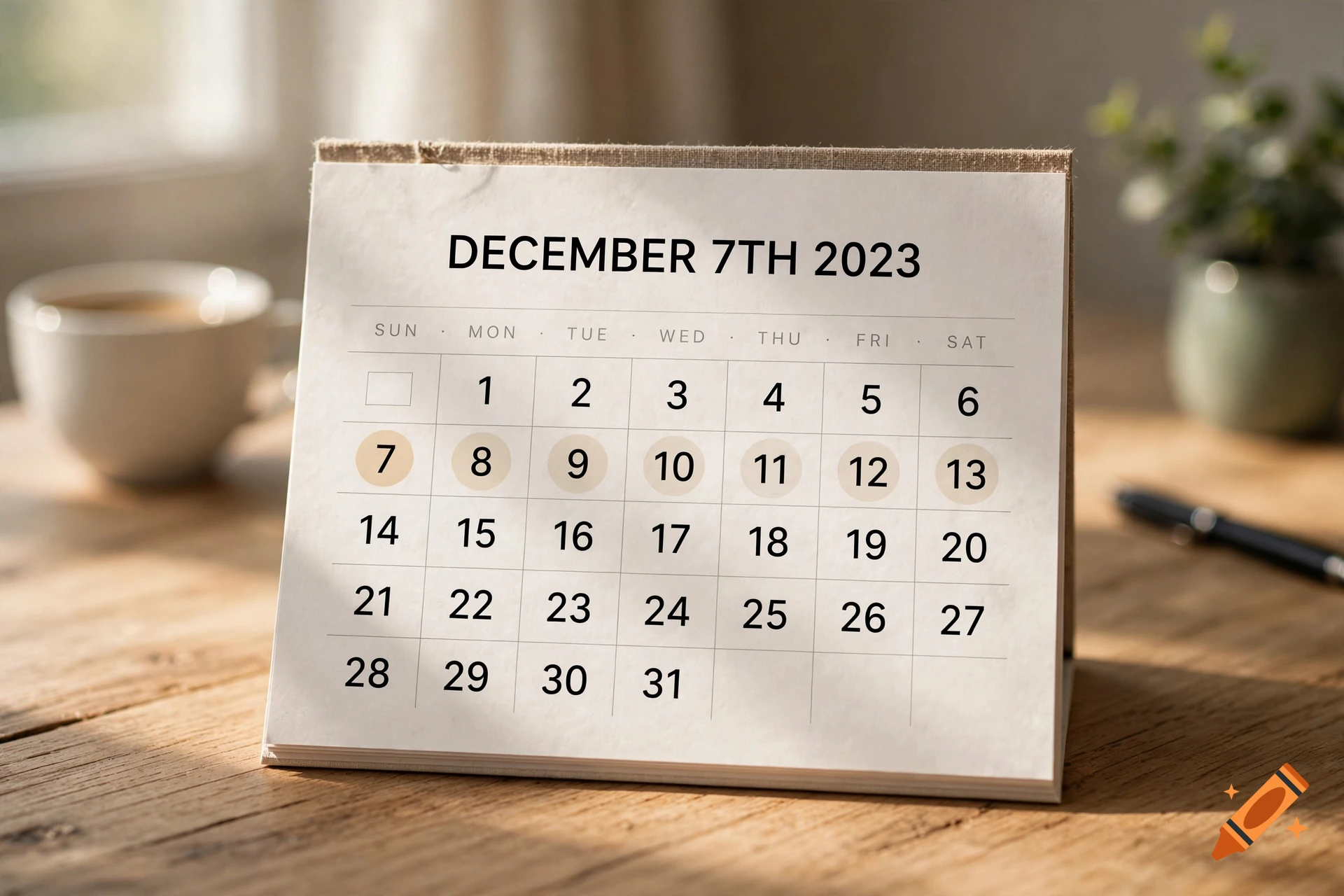 Photorealistic desk calendar showing December 7th 2023, resting on a wooden table with a coffee cup and plant in the background.