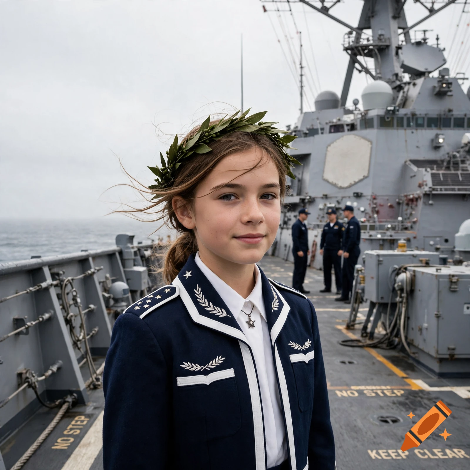 Photorealistic image of a young girl with a laurel wreath on a US Navy destroyer ship.