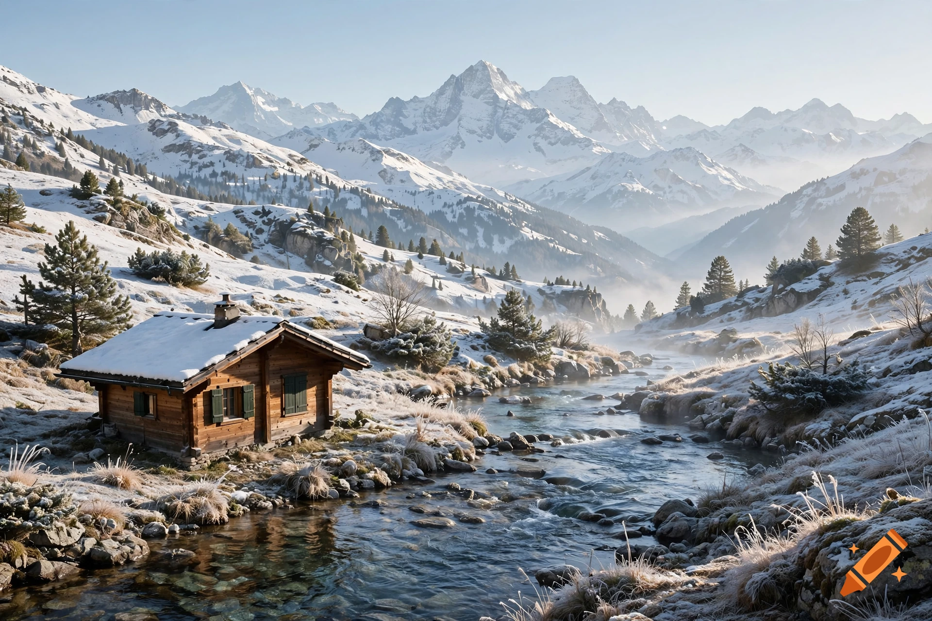Photorealistic snowy alpine landscape featuring a wooden chalet and a flowing river under a clear sky.