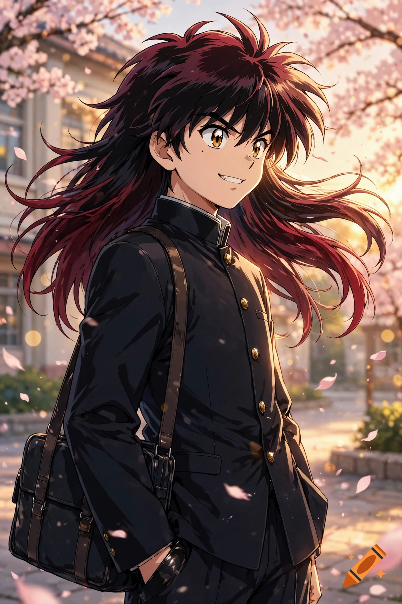 Anime style illustration of a young male student with long dark reddish hair in a Japanese school uniform, outdoor setting with cherry blossoms.