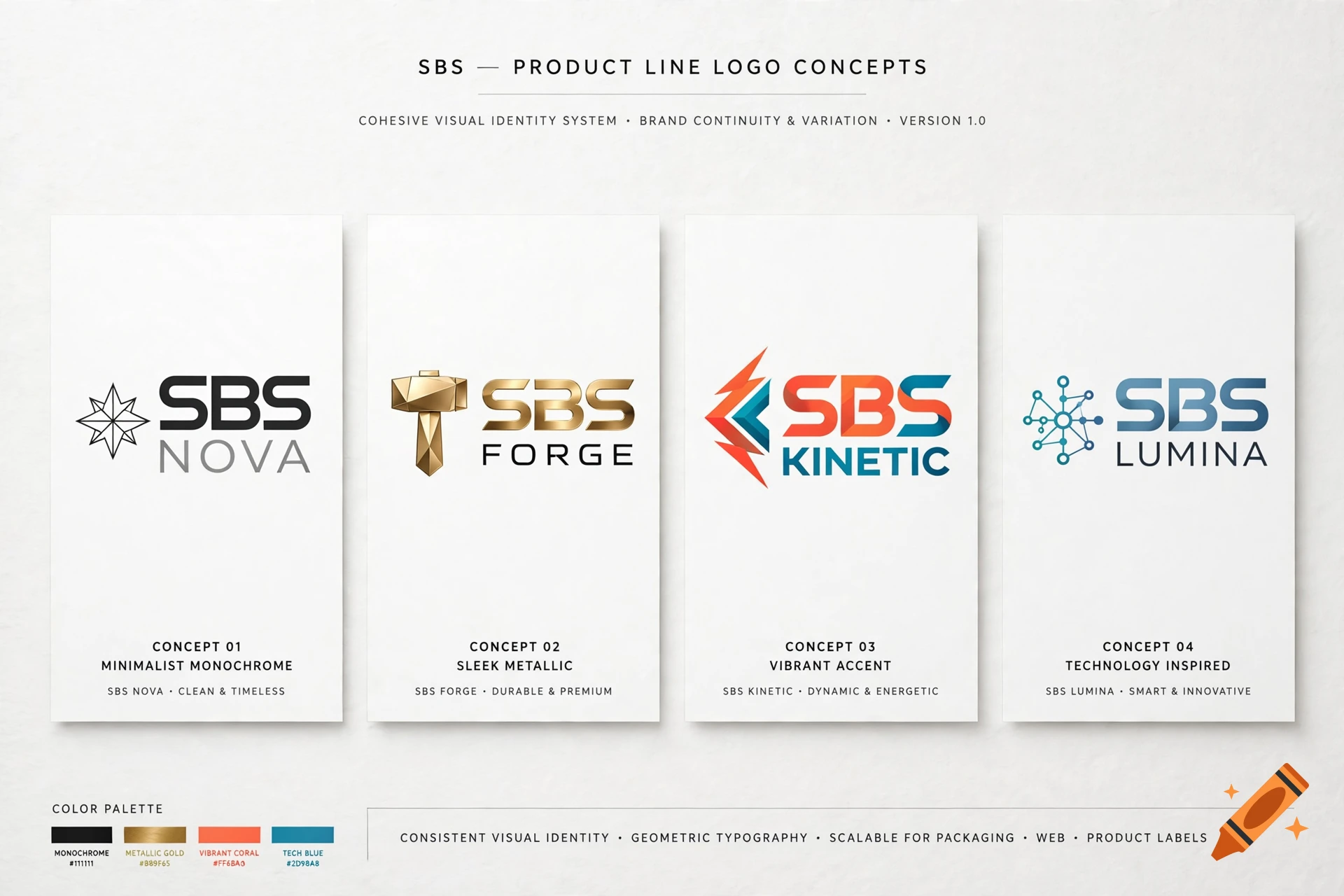Product line logo concepts presentation showcasing four distinct minimalist and modern brand identities.