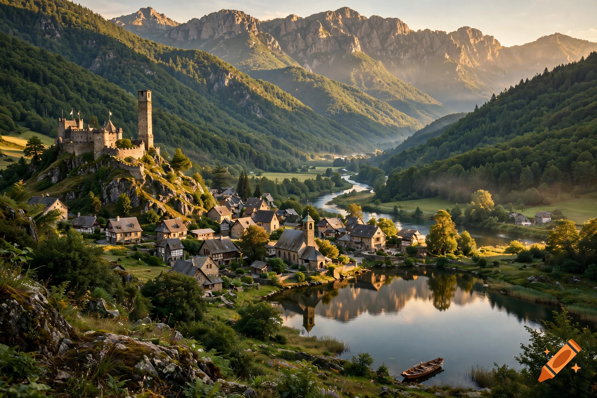 A scenic landscape featuring a medieval-style castle on a hill overlooking a village, a winding river, a lake, and majestic mountains in the background during sunrise.