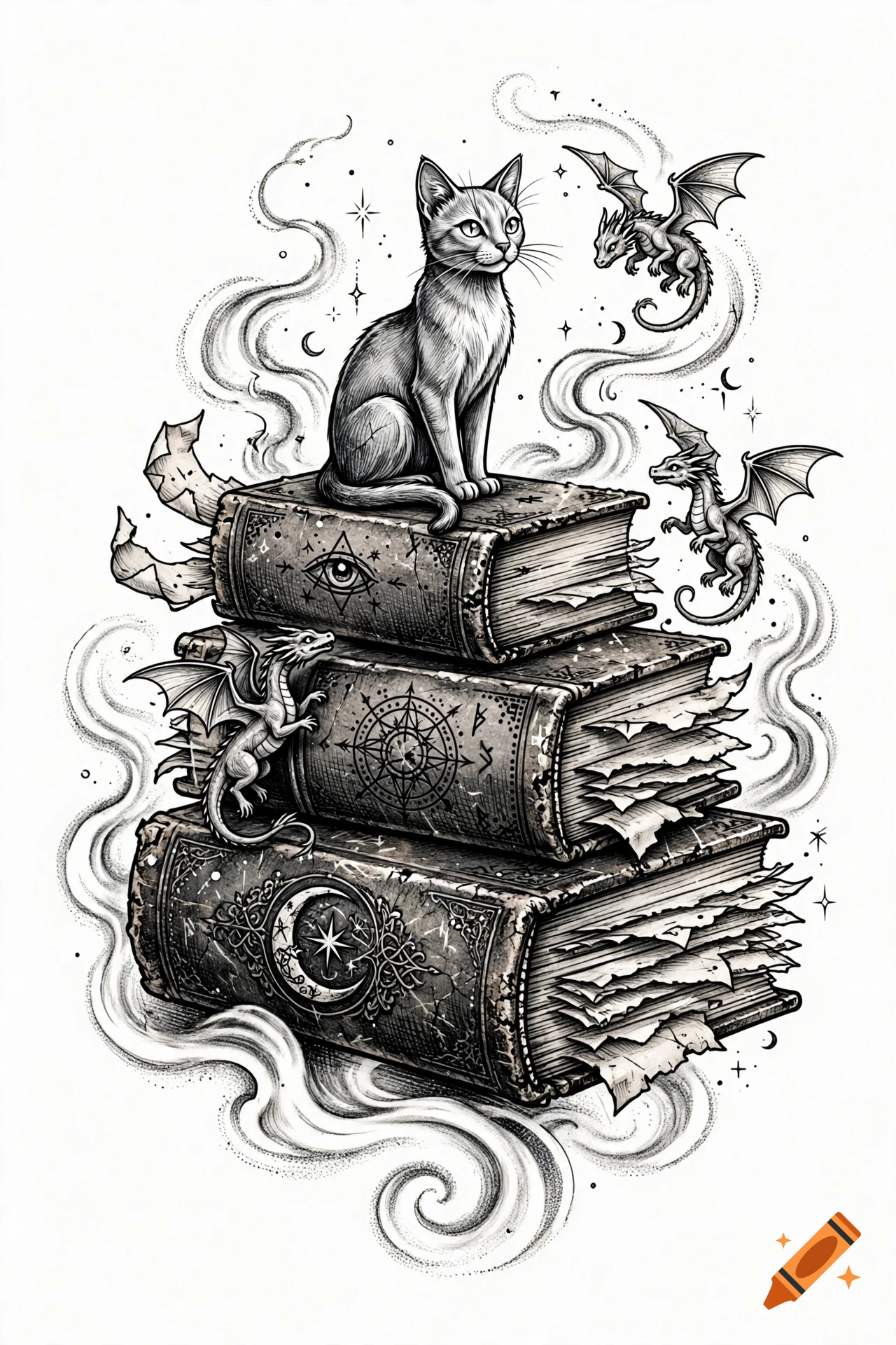 Black and white ink drawing of a cat sitting on a stack of magical books surrounded by small dragons and wispy smoke.