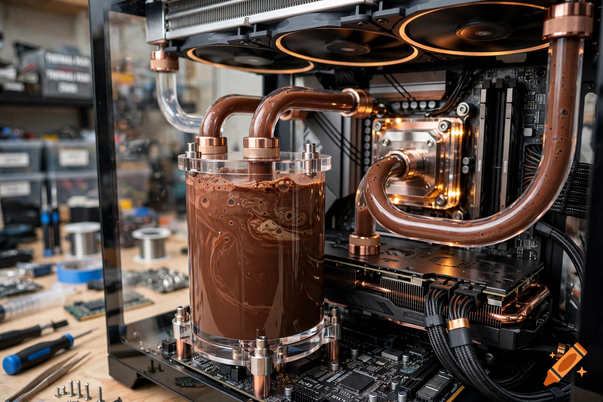 Photorealistic custom gaming PC with clear liquid cooling system filled with chocolate milk.