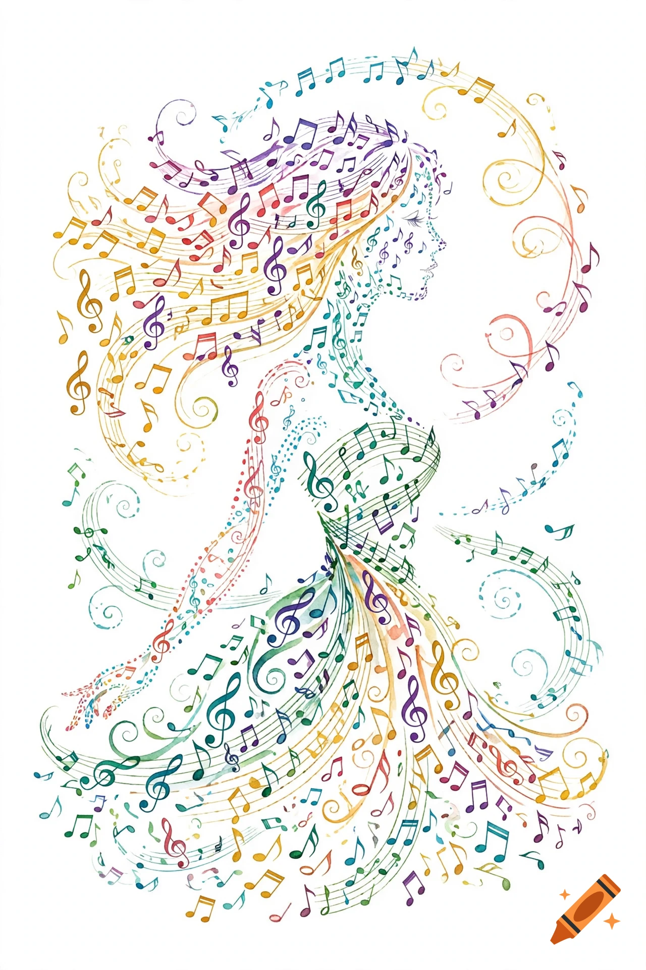 A stylized profile of a woman composed entirely of colorful musical notes and symbols, including treble clefs.