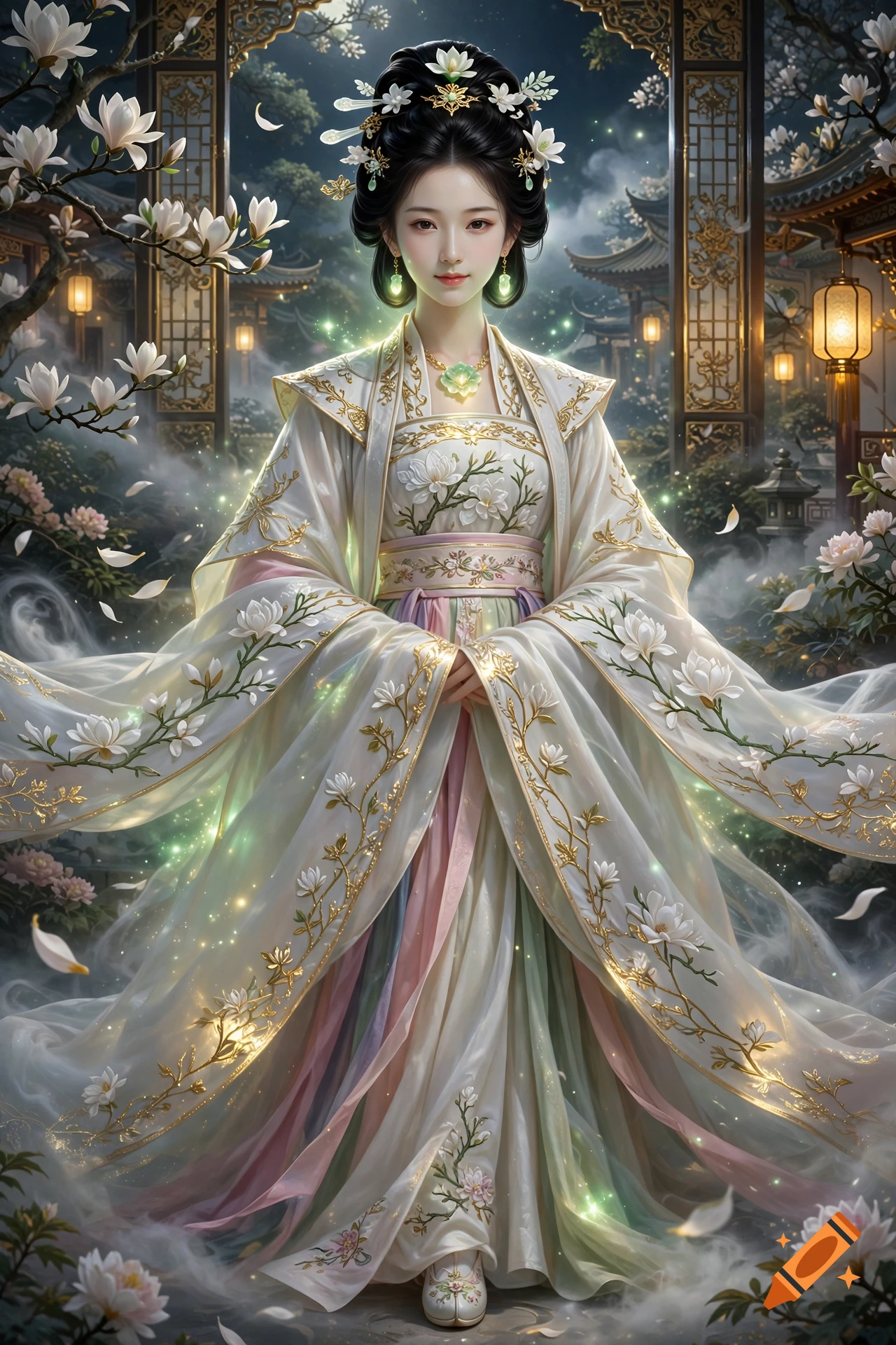 Digital art of a woman in an ornate white and pastel Chinese hanfu with floral embroidery and glowing jade accessories in a courtyard.