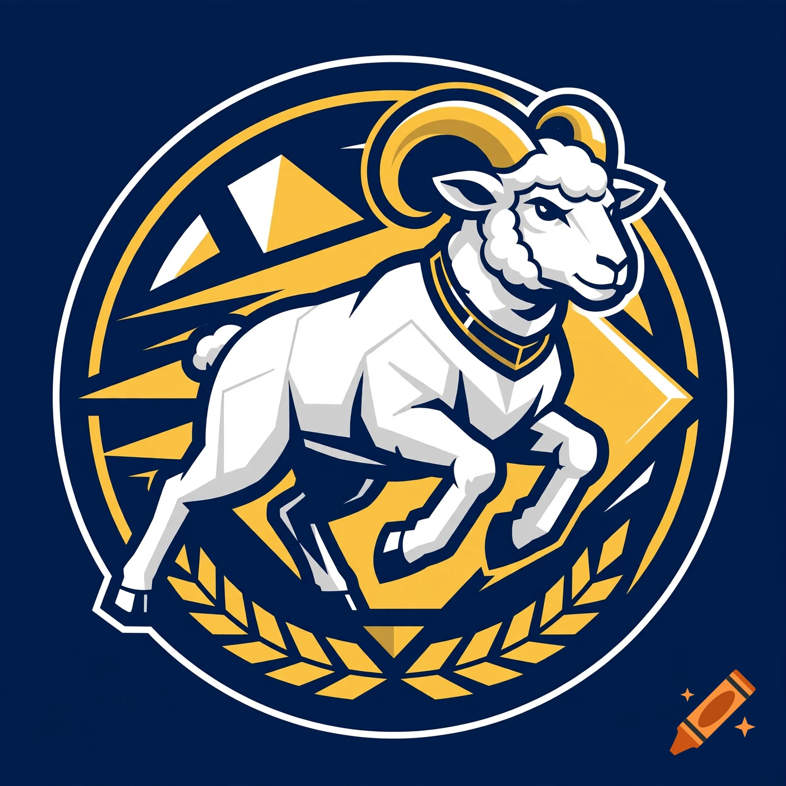 A stylized mascot logo featuring a white ram with yellow horns running inside a circular badge.