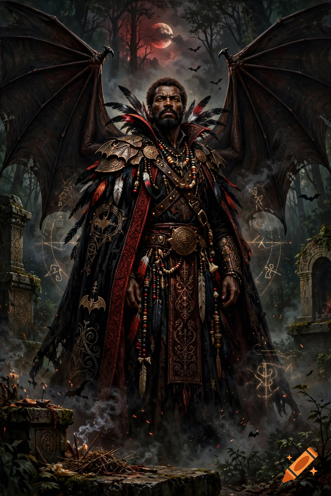 Dark fantasy art of a shamanic figure with bat wings and ornate black and red feathered attire in a misty forest under a red moon.